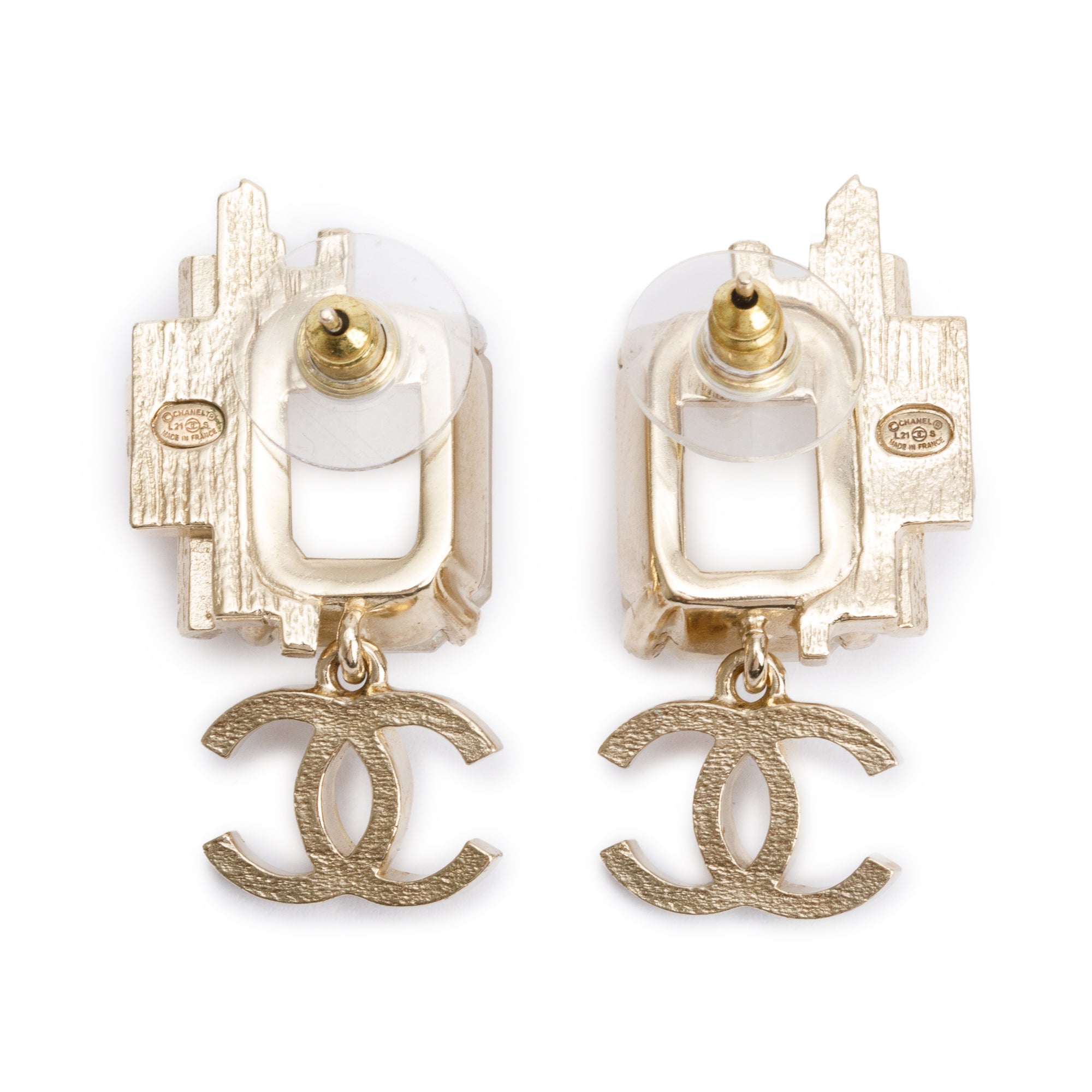 Chanel 2021 Gold Plated Faux Pearl Strass CC Drop Earrings w/ Box