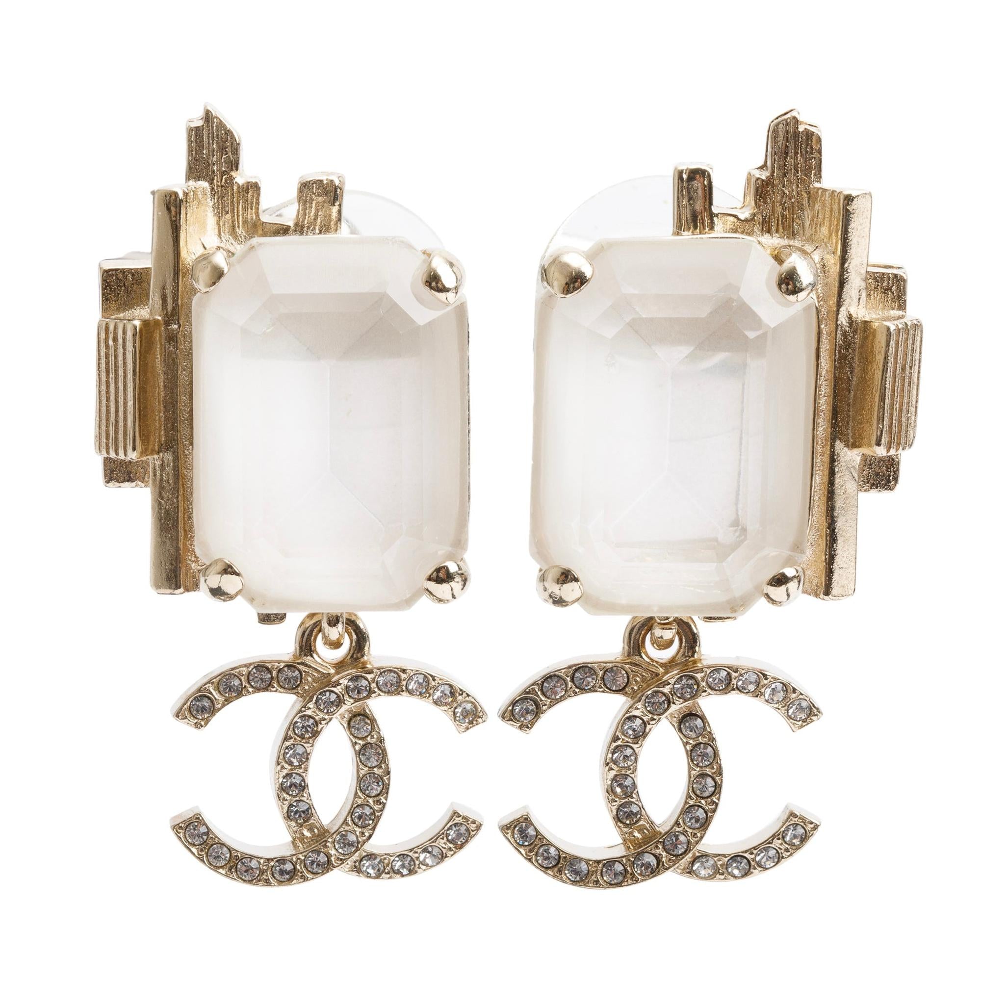 Chanel 2021 Gold Plated Faux Pearl Strass CC Drop Earrings w/ Box