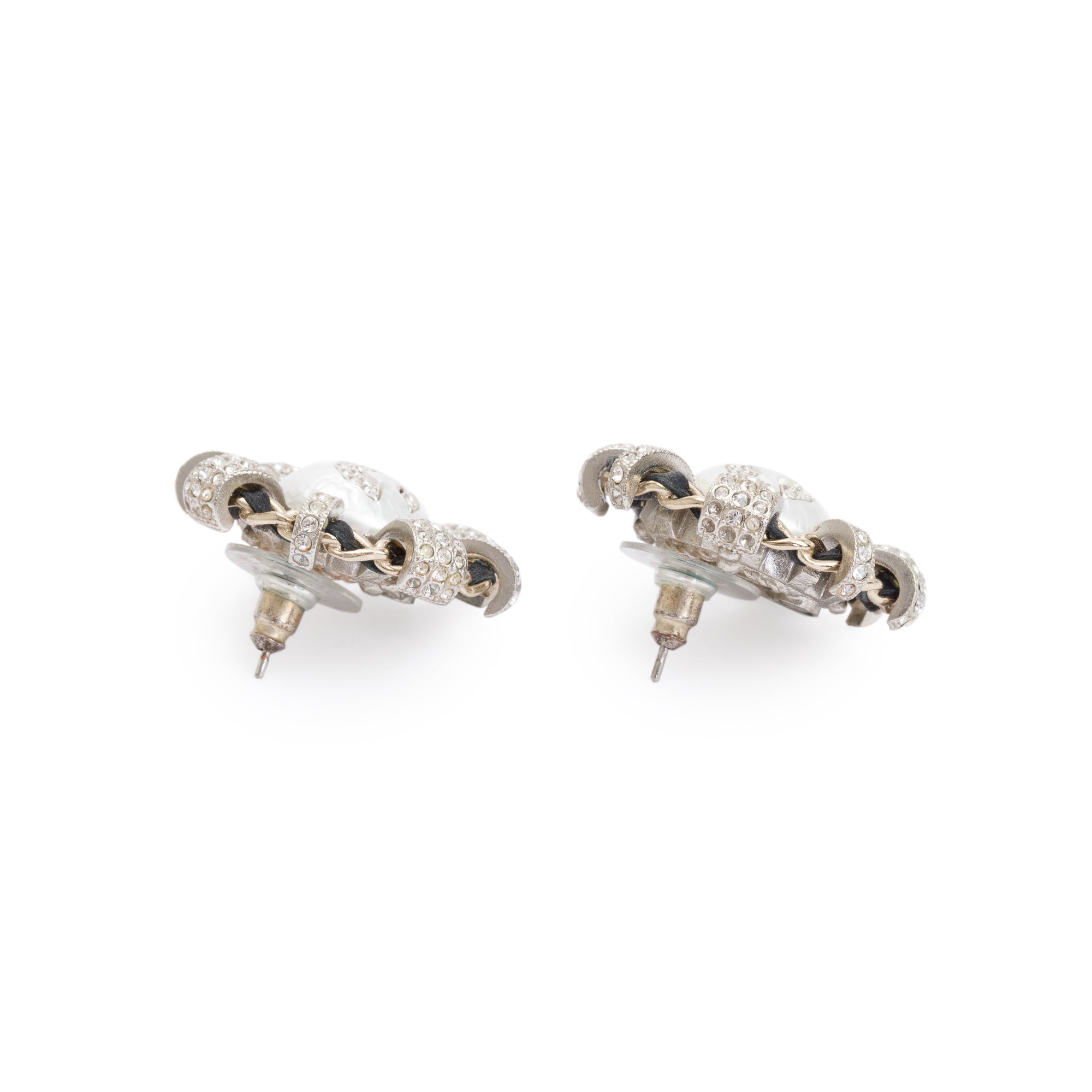 Chanel 2021 Gold Plated Faux Pearl, Strass & Leather CC Stud Earrings