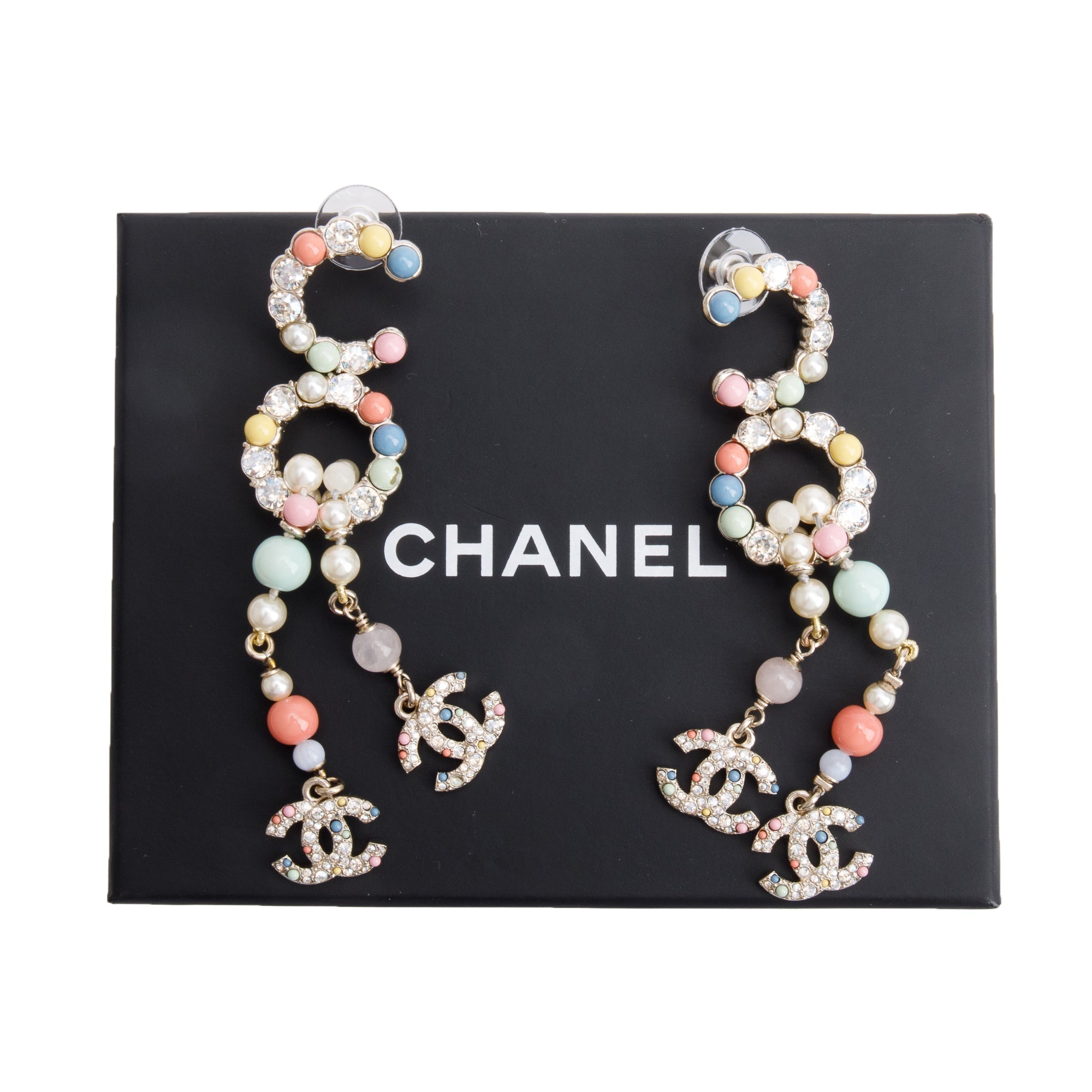 Chanel 2021 Gold Plated Faux Pearl, Strass & Multicolor Resin Bead COCO Drop Earrings w/ Box