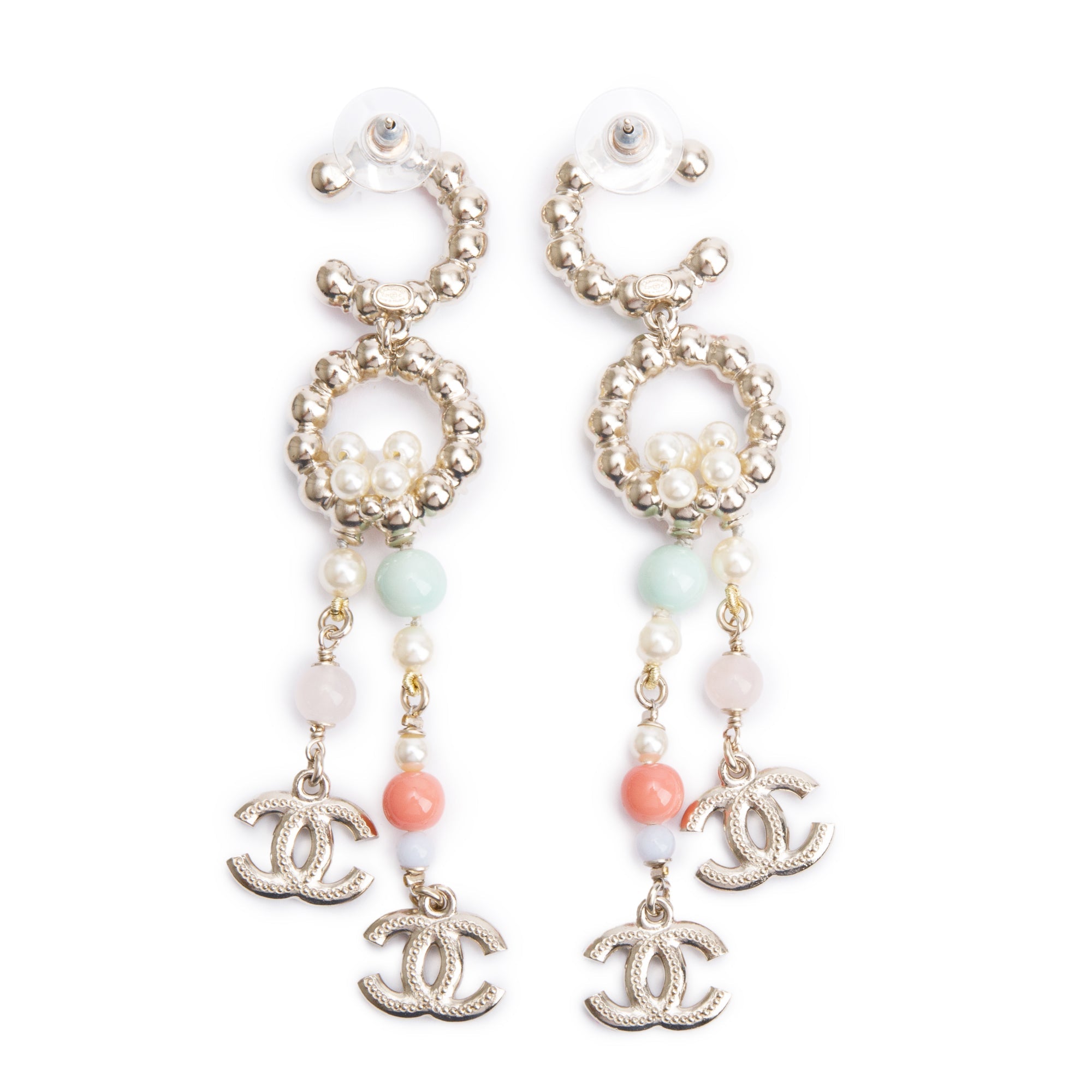 Chanel 2021 Gold Plated Faux Pearl, Strass & Multicolor Resin Bead COCO Drop Earrings w/ Box