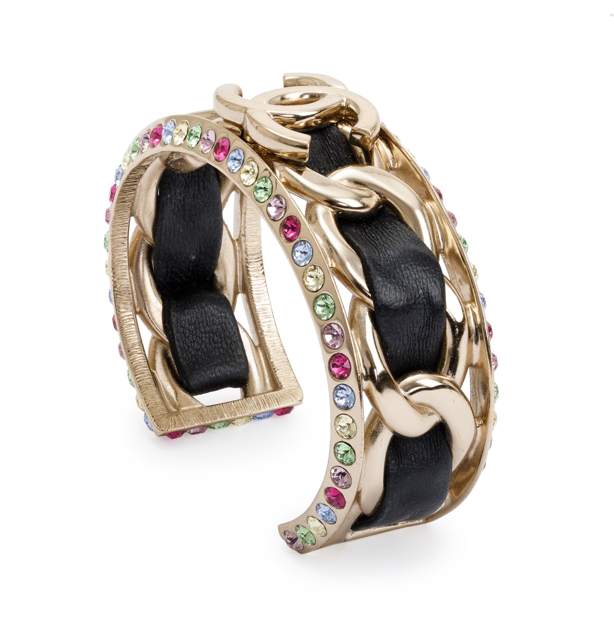 Chanel 2021 Gold Plated Leather & Multicolour Strass Cuff Bracelet
