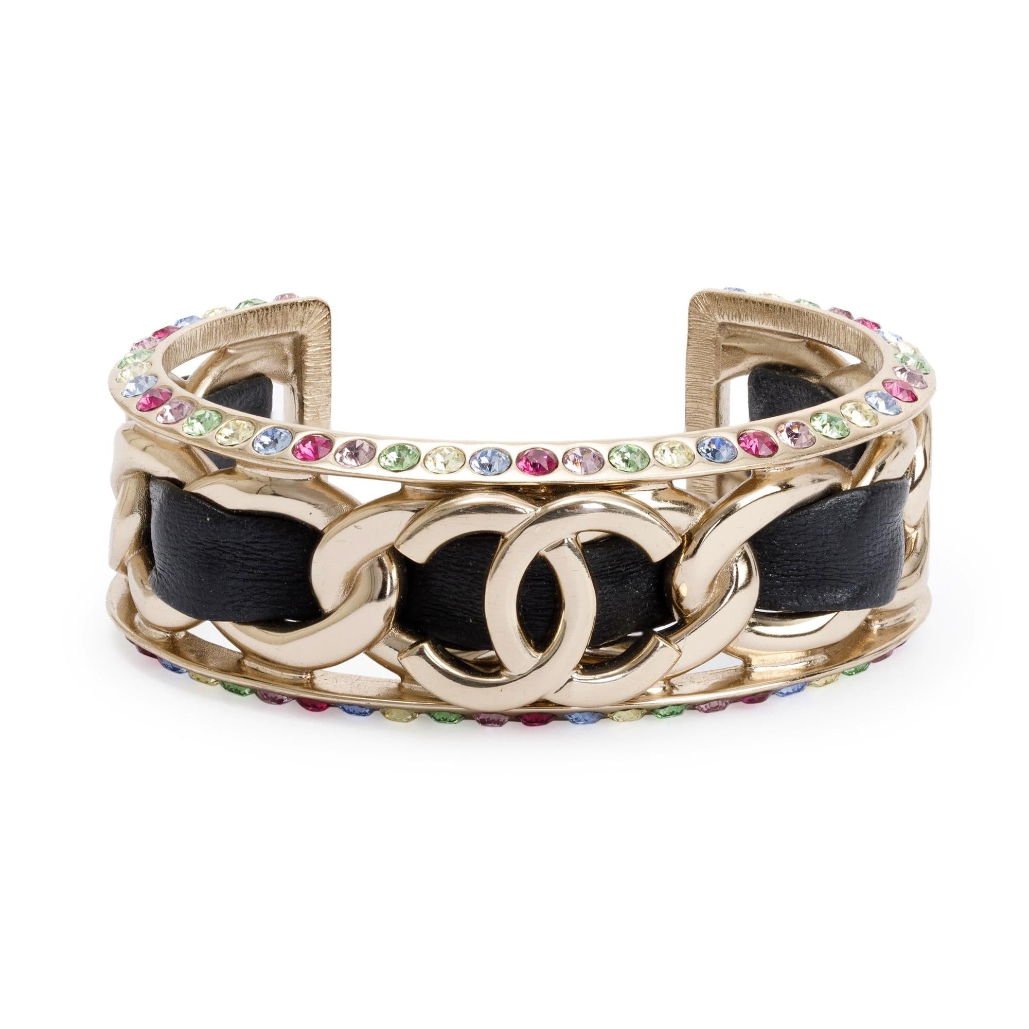 Chanel 2021 Gold Plated Leather & Multicolour Strass Cuff Bracelet