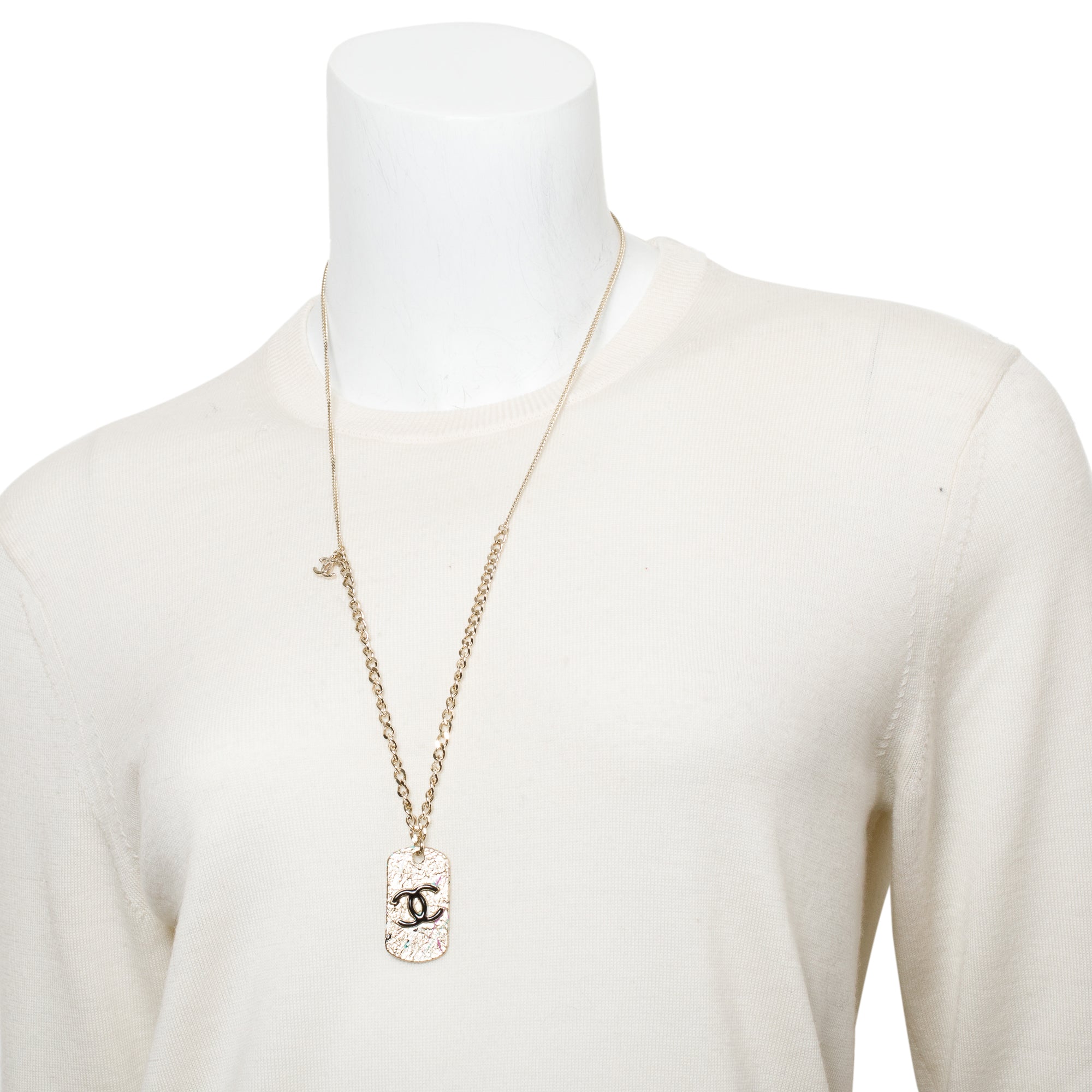 Chanel 2021 Gold-Plated Metal & Resin CC Dog Tag Pendant Necklace w/ Box