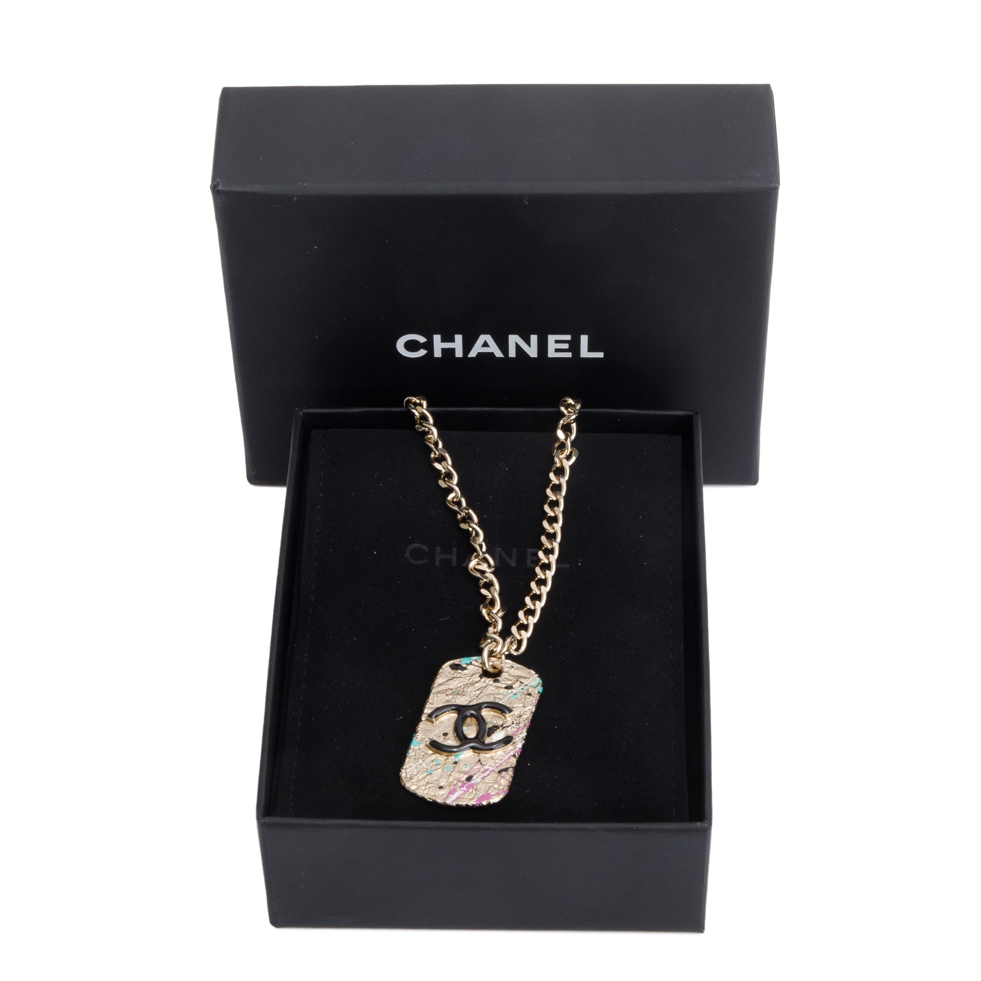 Chanel 2021 Gold-Plated Metal & Resin CC Dog Tag Pendant Necklace w/ Box