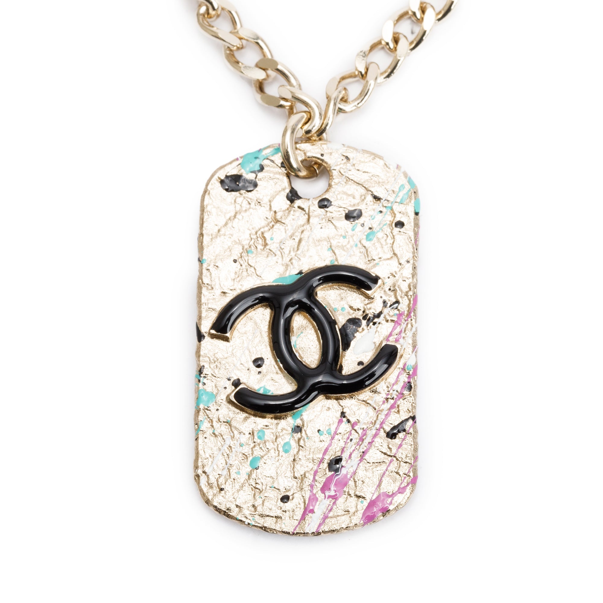 Chanel 2021 Gold-Plated Metal & Resin CC Dog Tag Pendant Necklace w/ Box