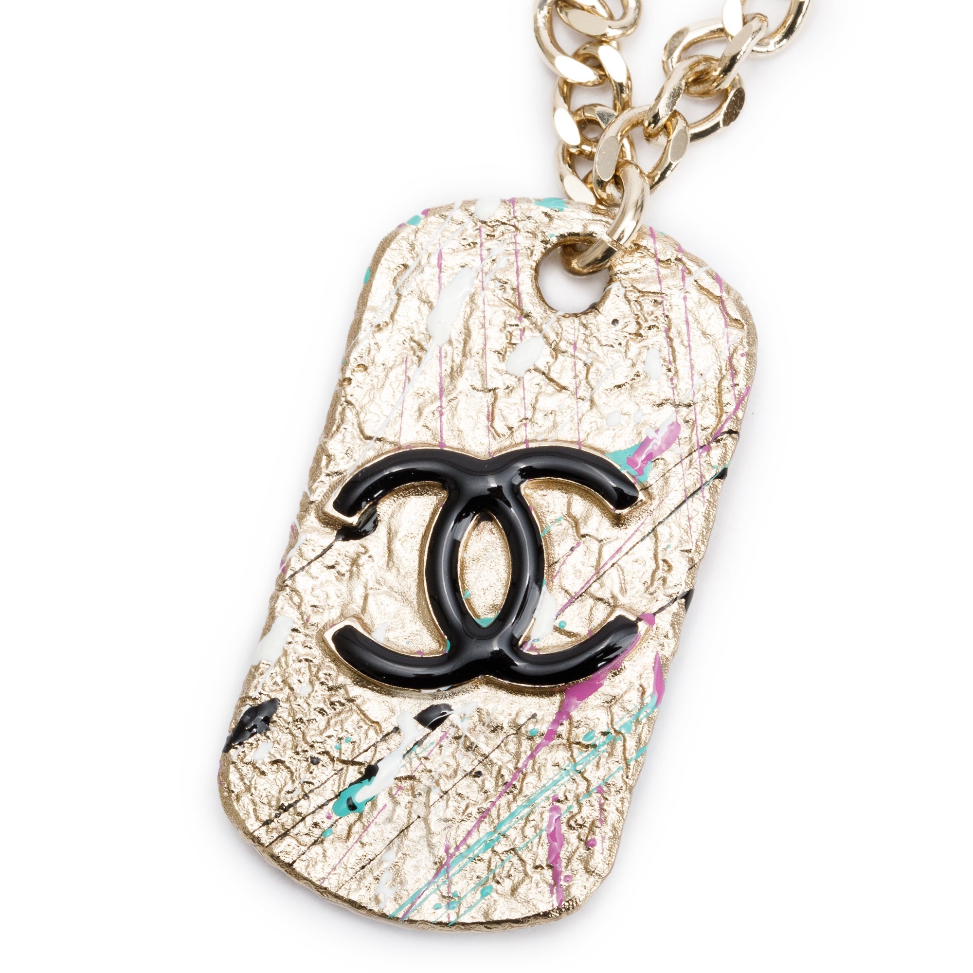 Chanel 2021 Gold-Plated Metal & Resin CC Dog Tag Pendant Necklace w/ Box