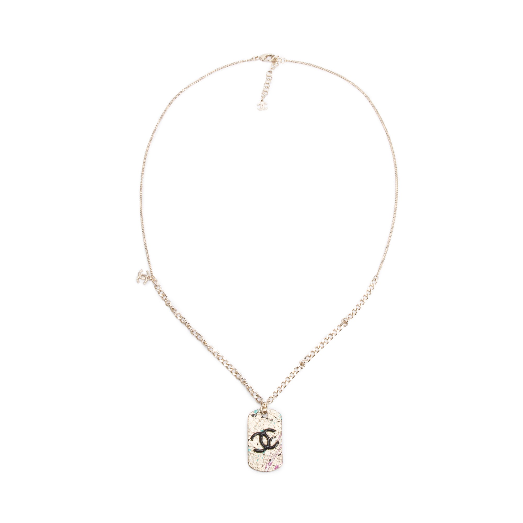 Chanel 2021 Gold-Plated Metal & Resin CC Dog Tag Pendant Necklace w/ Box