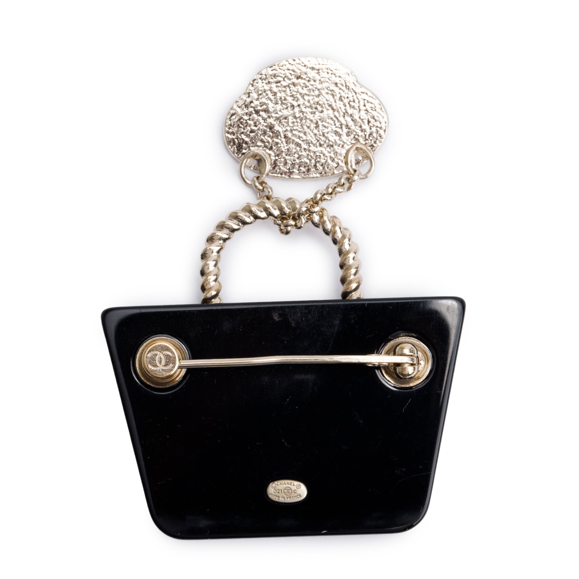 Chanel 2021 Gold Plated Resin & Strass Bag Pin Brooch