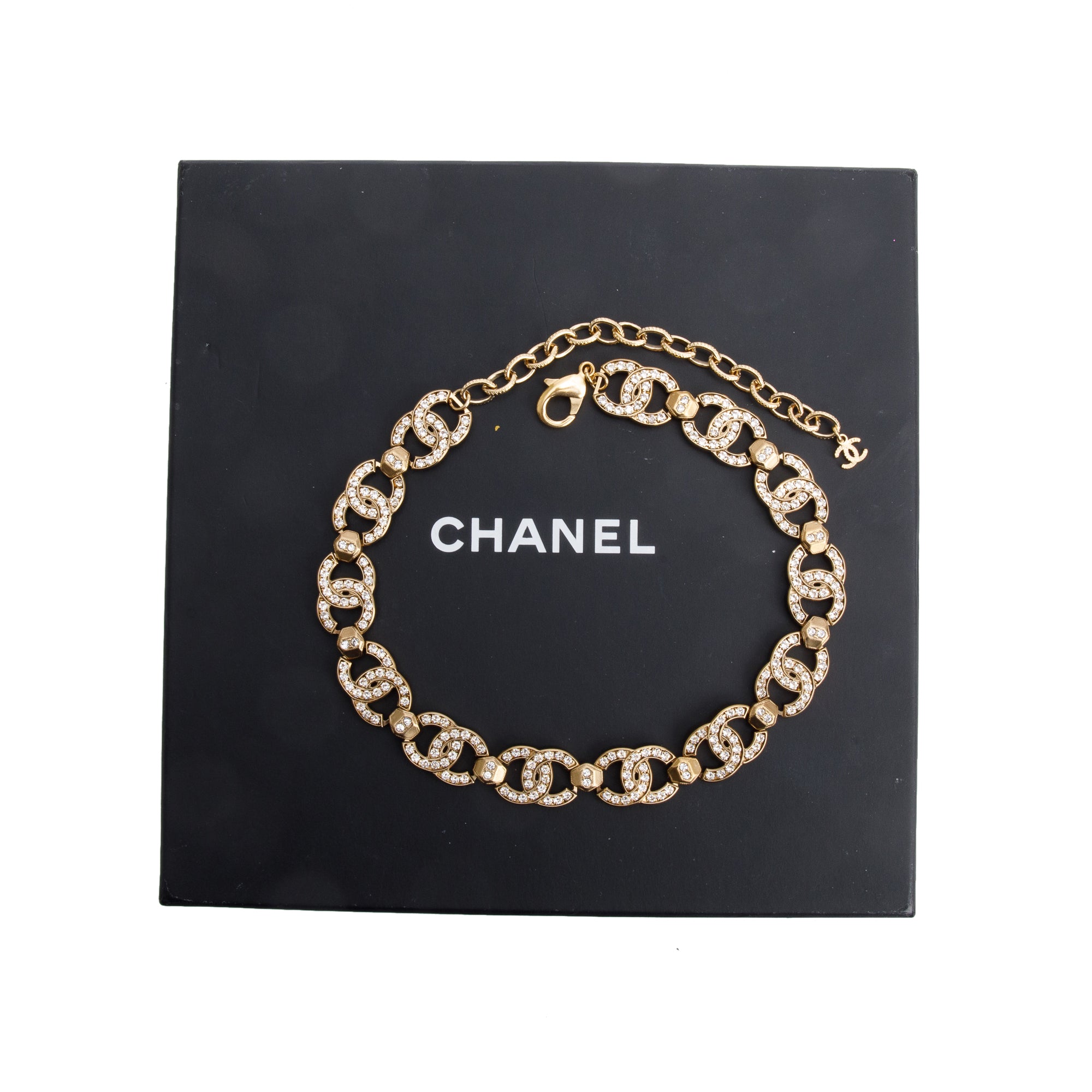 Chanel 2021 Gold Plated Strass CC Choker Necklace w/ Box