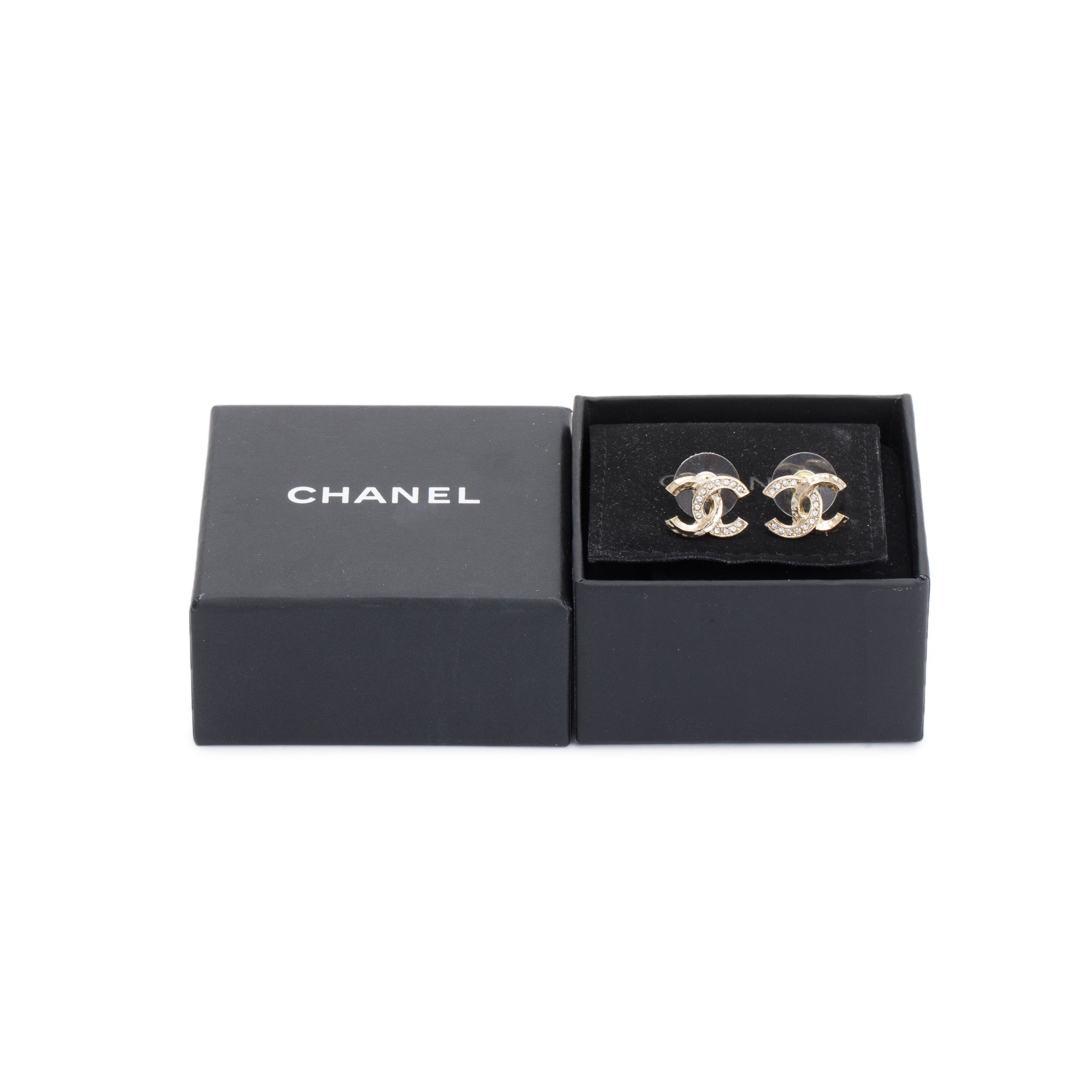 Chanel 2021 Gold Plated Strass CC Stud Earrings w/ Box
