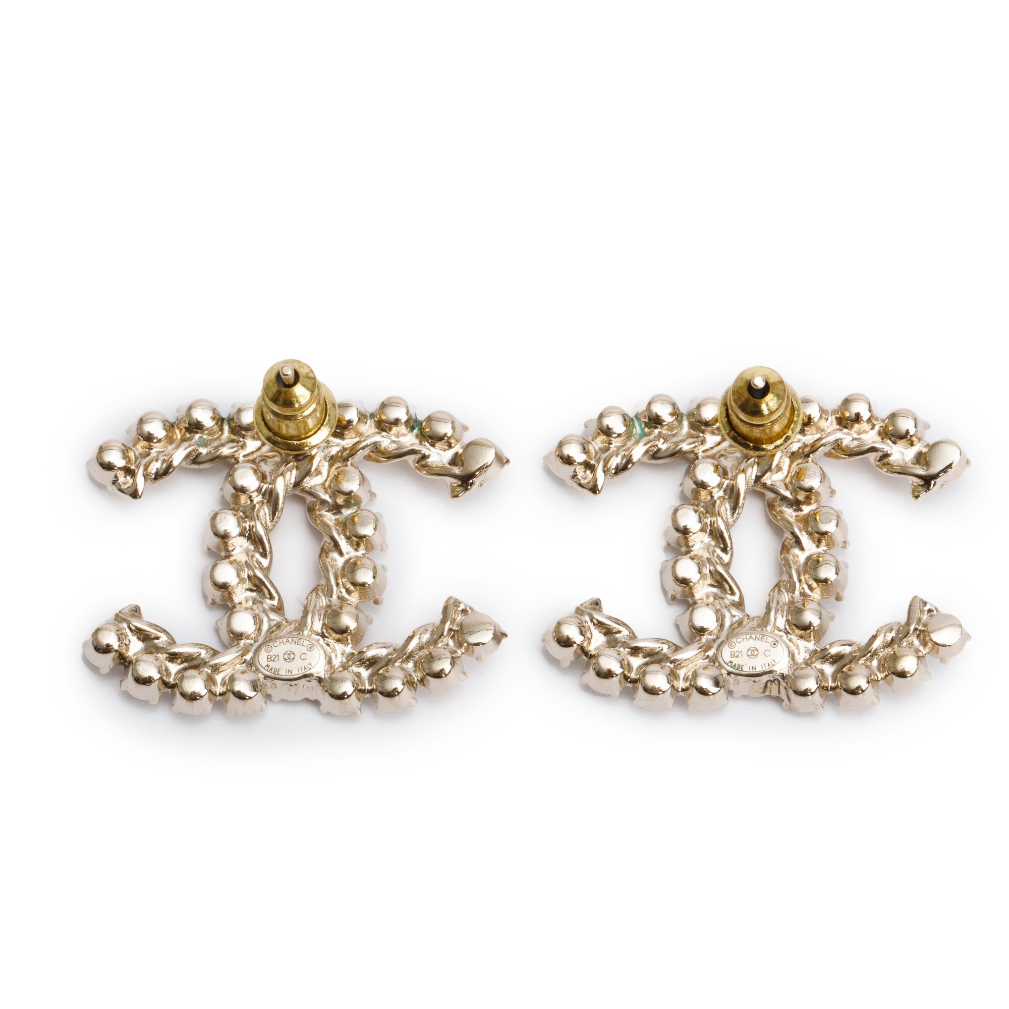 Chanel 2021 Gold Plated Strass CC Stud Earrings w/ Box