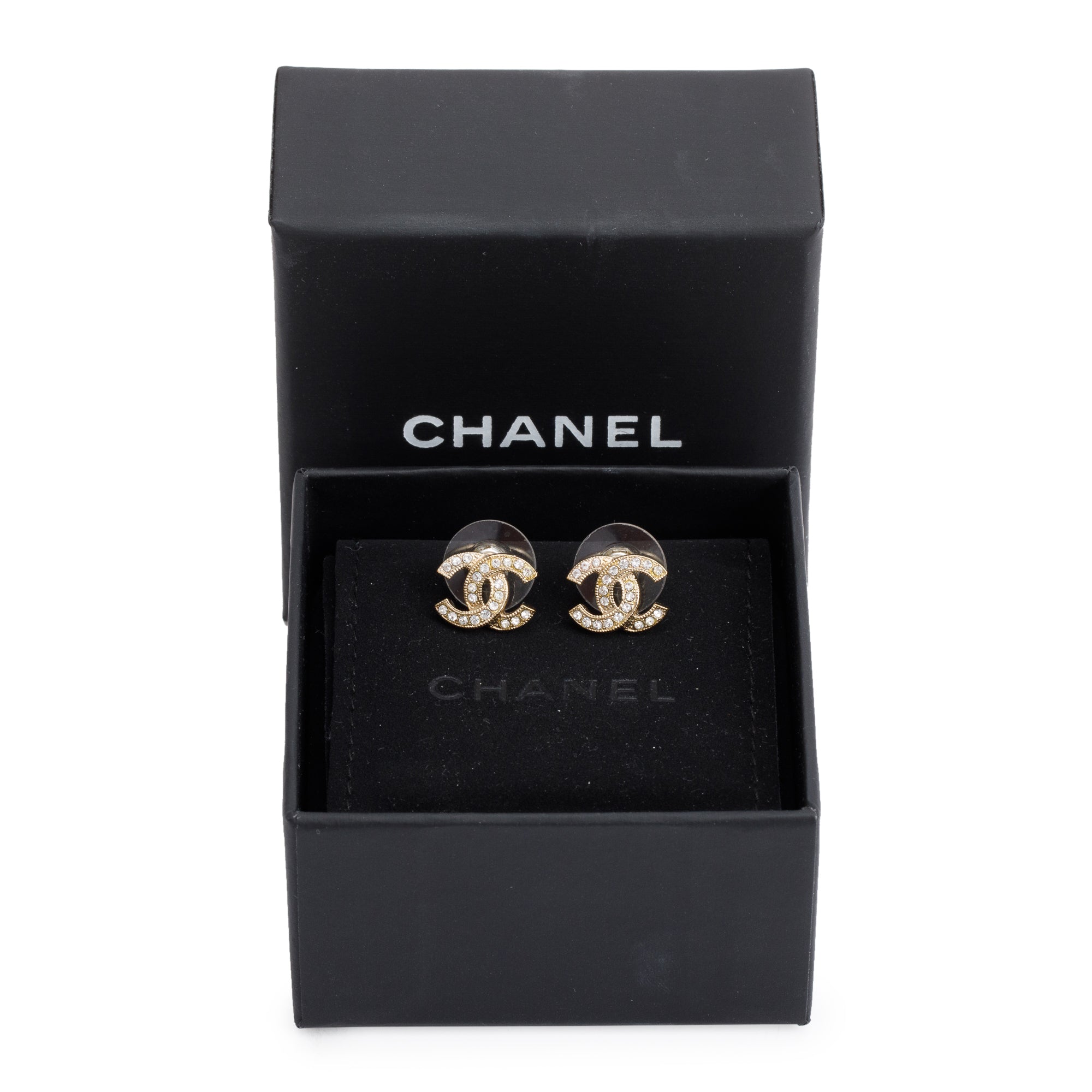 Chanel 2021 Gold Plated Strass CC Stud Earrings w/ Box