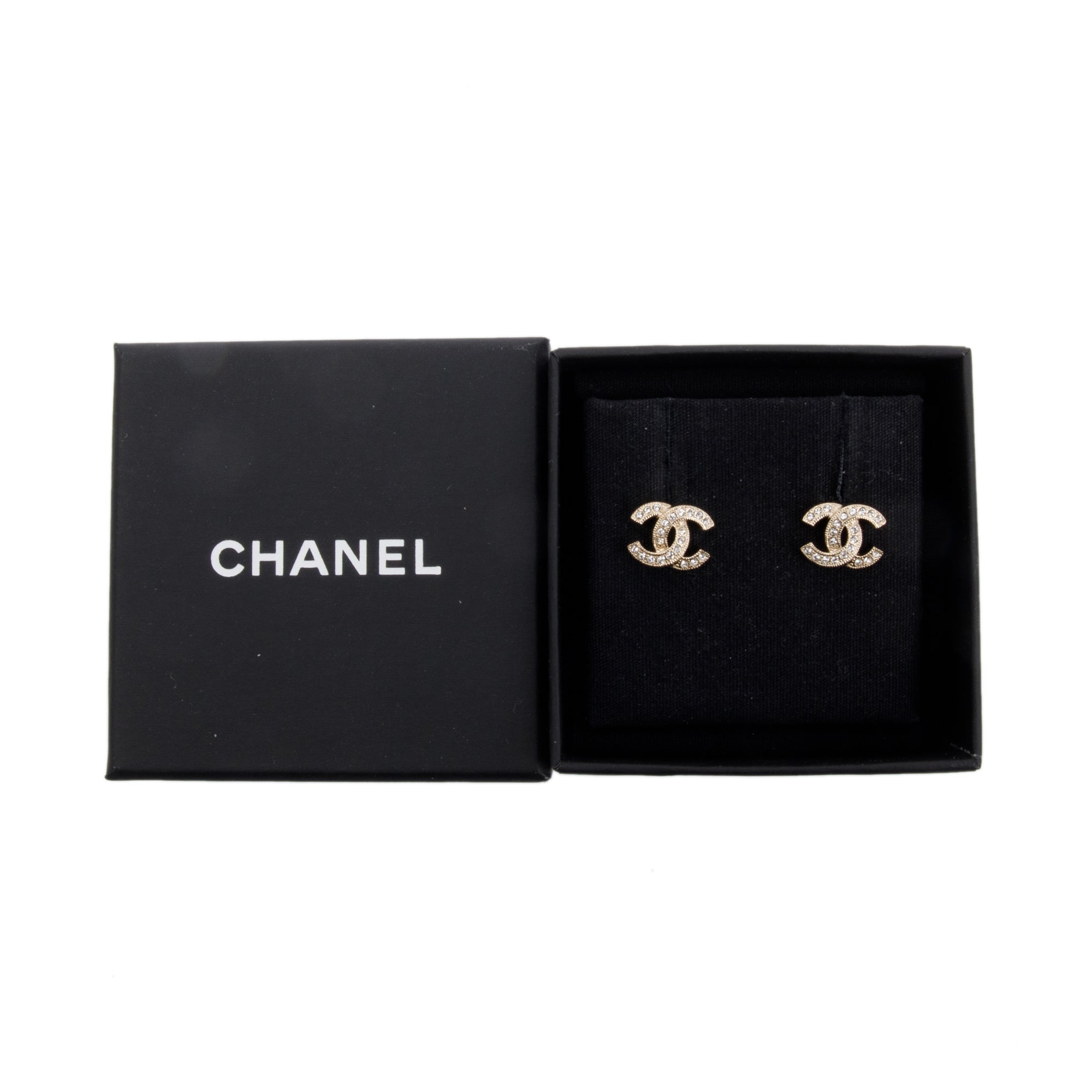 Chanel 2021 Gold Plated Strass CC Stud Earrings w/ Box & Receipt