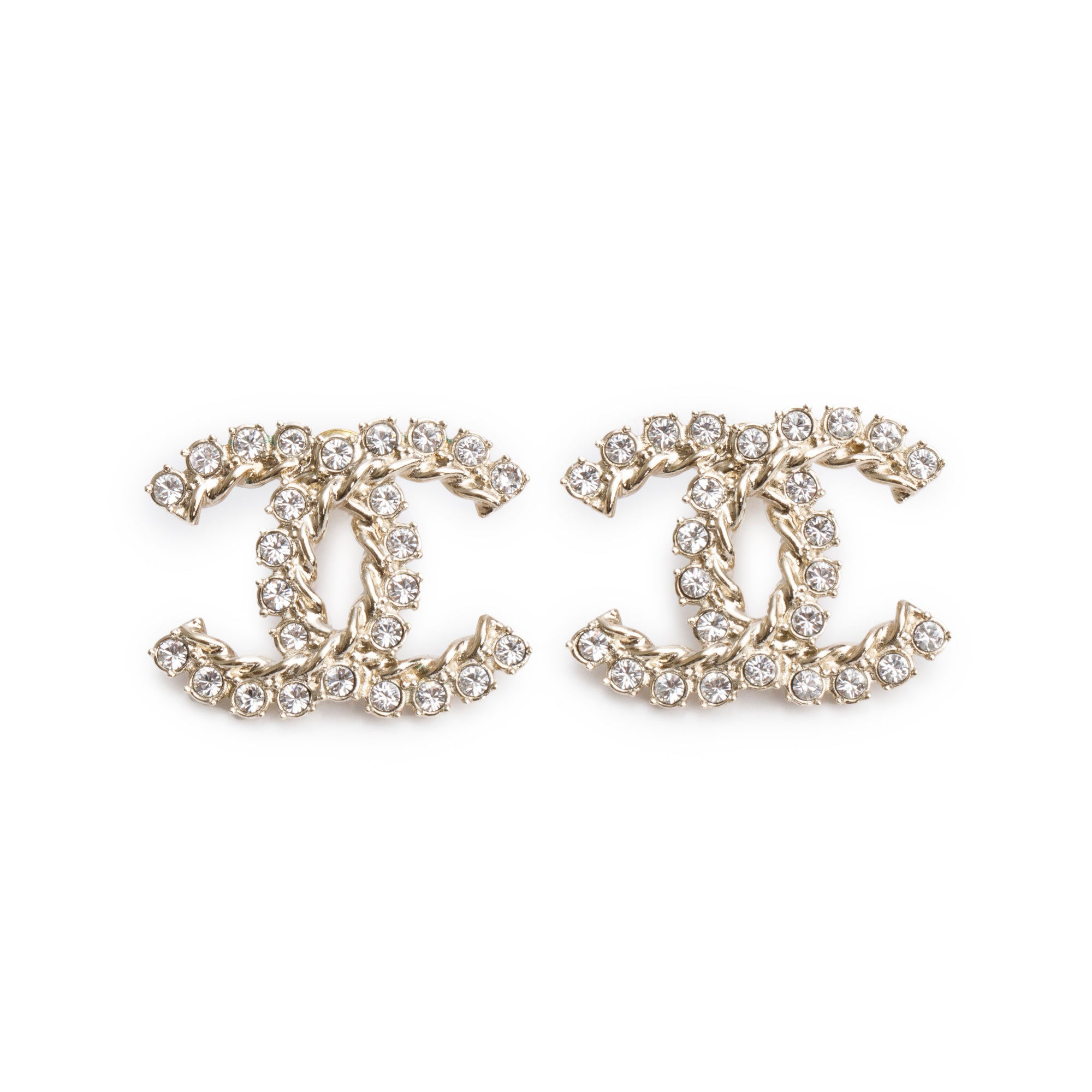 Chanel 2021 Gold Plated Strass CC Stud Earrings w/ Box