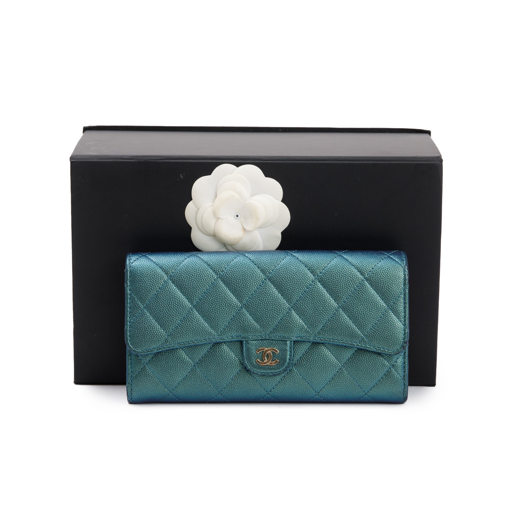 Chanel 2021 Green Iridescent Caviar Leather Classic Long Flap Wallet w/ Box & Authenticity Card