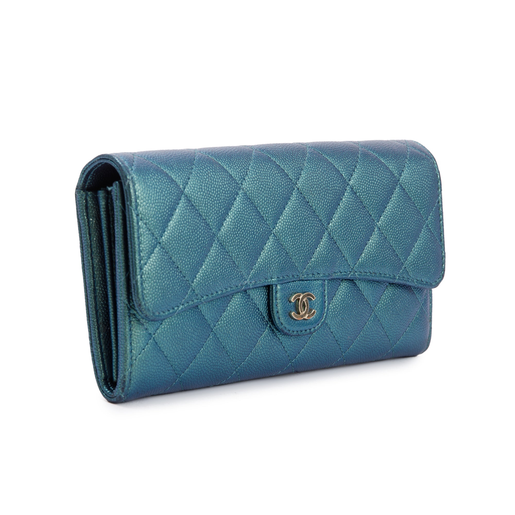 Chanel 2021 Green Iridescent Caviar Leather Classic Long Flap Wallet w/ Box & Authenticity Card