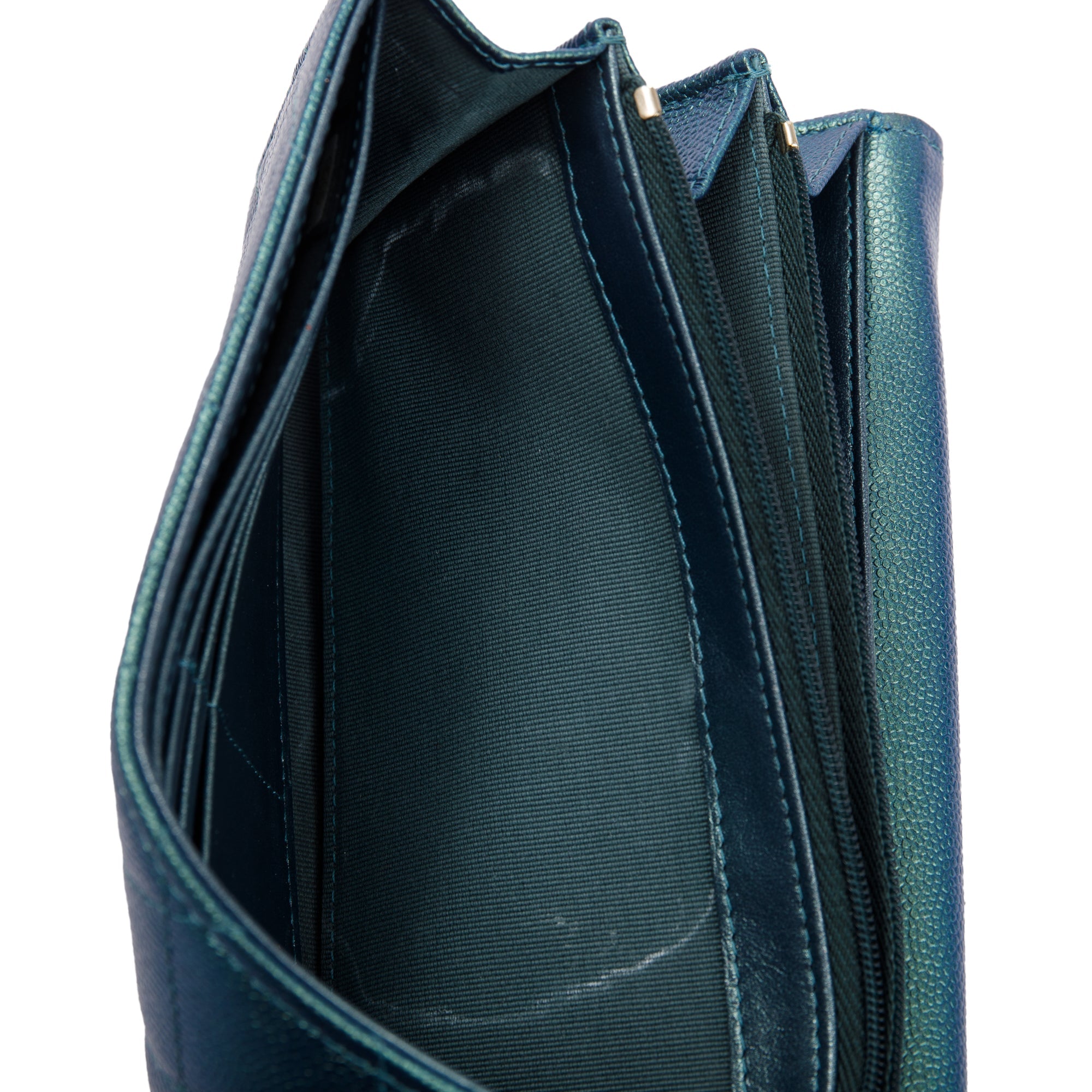 Chanel 2021 Green Iridescent Caviar Leather Classic Long Flap Wallet w/ Box & Authenticity Card