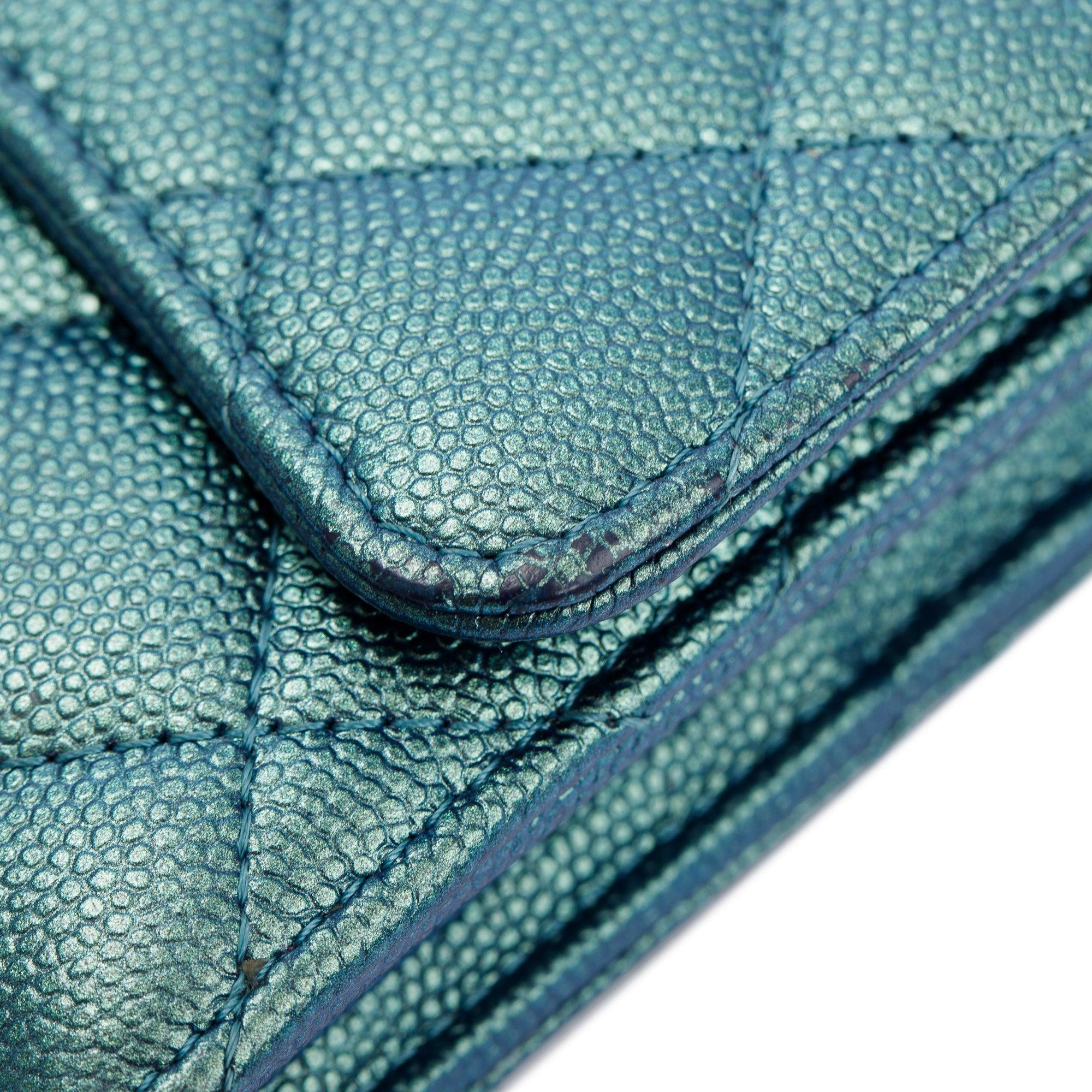 Chanel 2021 Green Iridescent Caviar Leather Classic Long Flap Wallet w/ Box & Authenticity Card