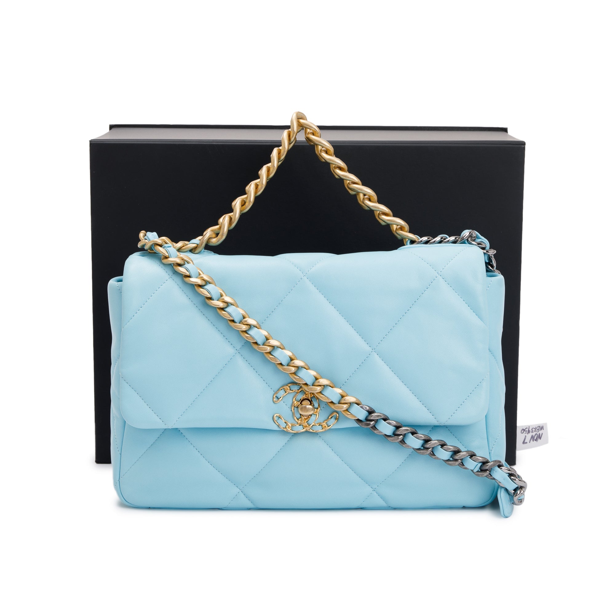 Chanel 2021 Light Blue Lambskin Leather Large 19 Flap Bag w/ Box, Receipt & Authenticity Card