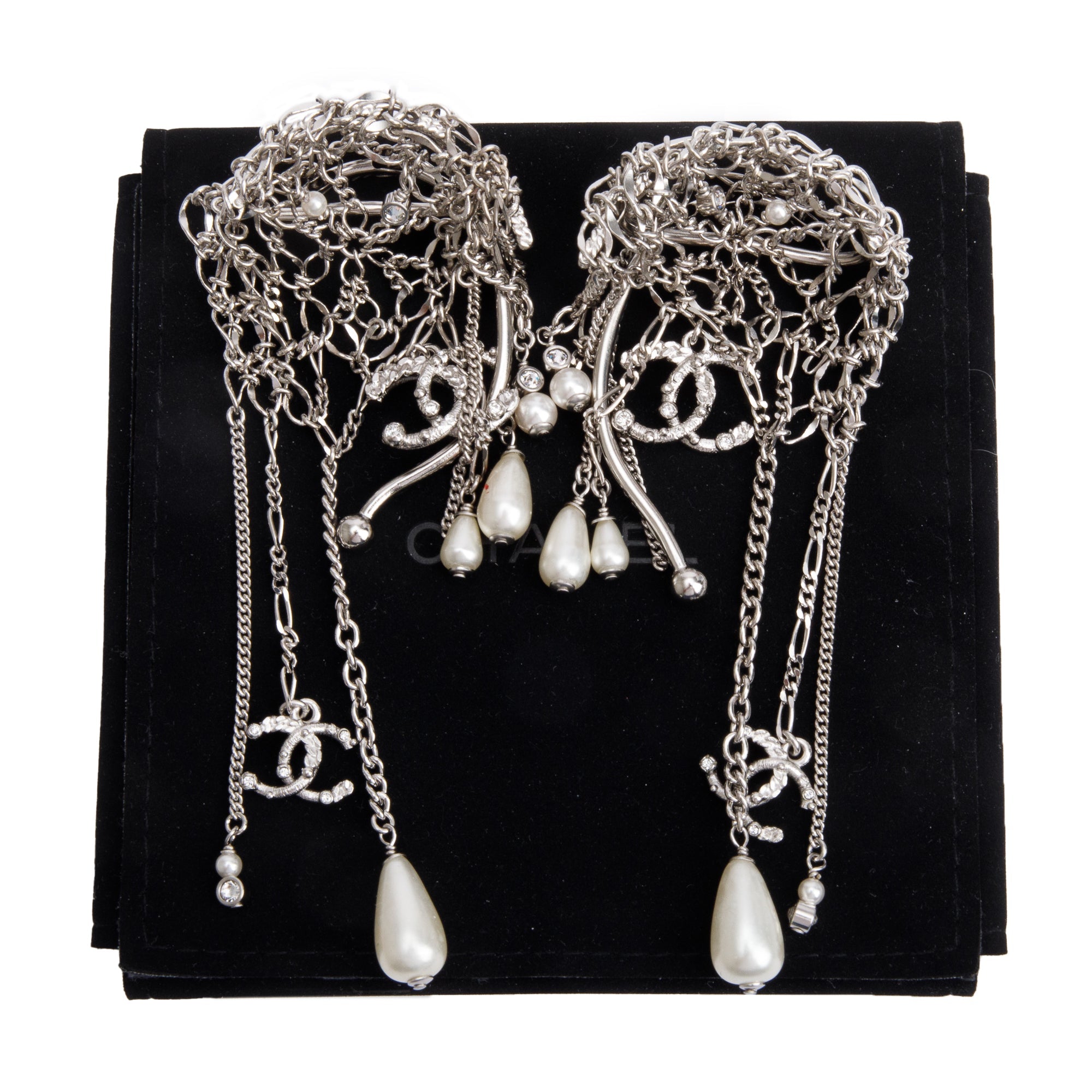 Chanel 2021 Palladium Plated Faux Pearl & Strass Chain Drop Ear Cuffs w/ Pouch