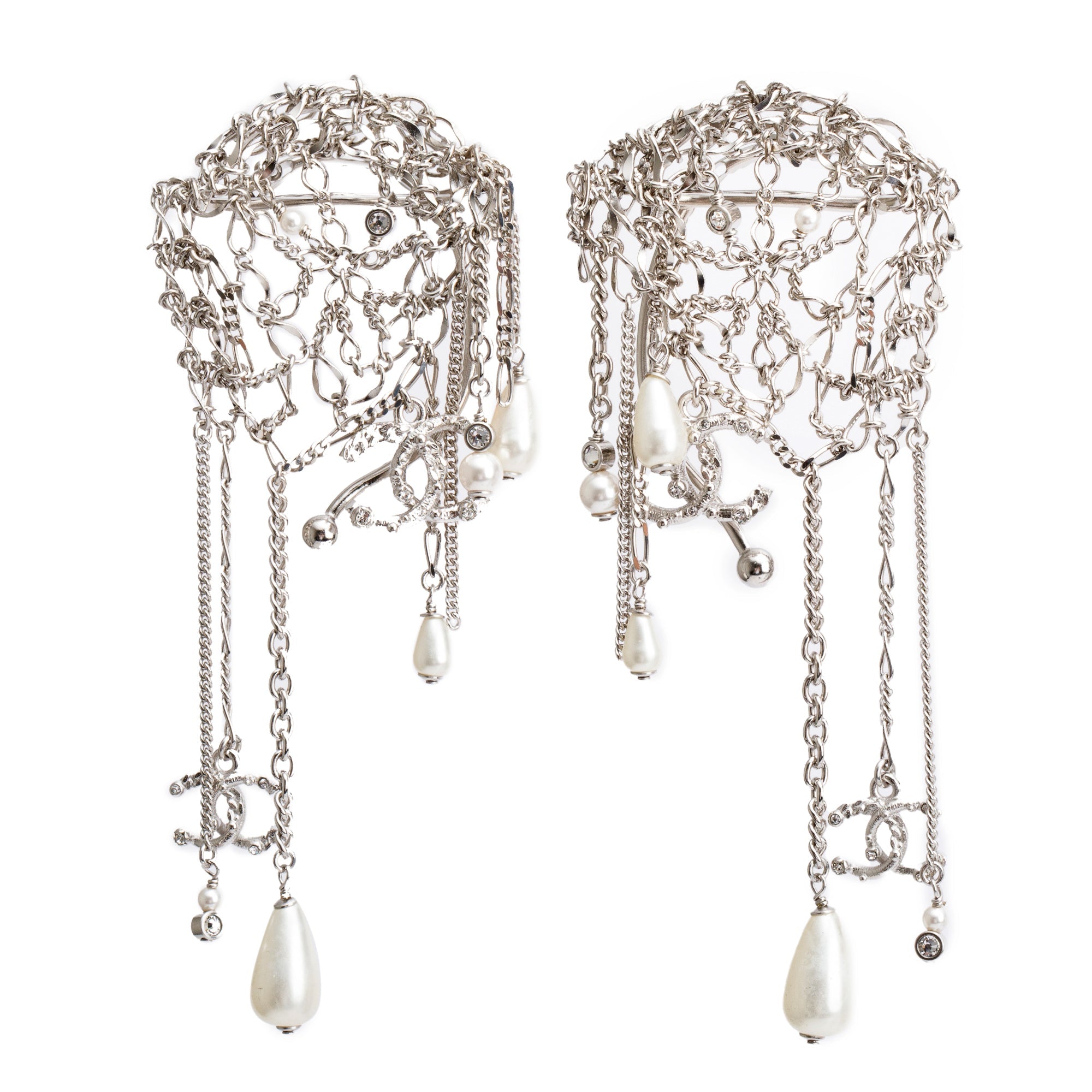 Chanel 2021 Palladium Plated Faux Pearl & Strass Chain Drop Ear Cuffs w/ Pouch