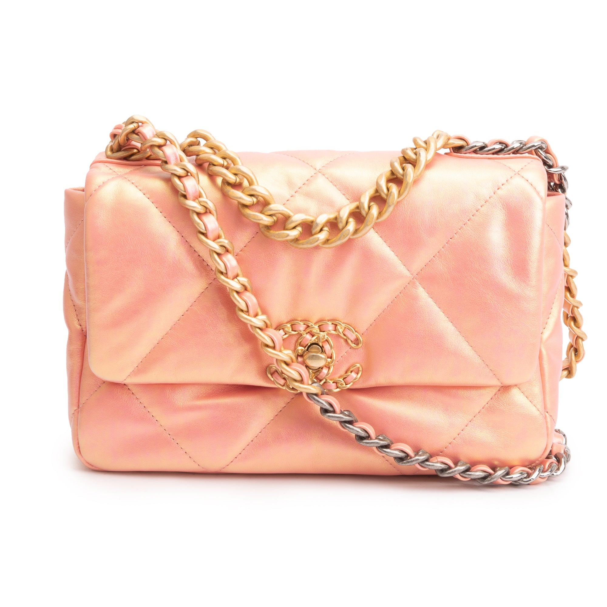 Chanel 2021 Pink Iridescent Lambskin Leather Medium 19 Flap Bag w/ Box & Authenticity Card