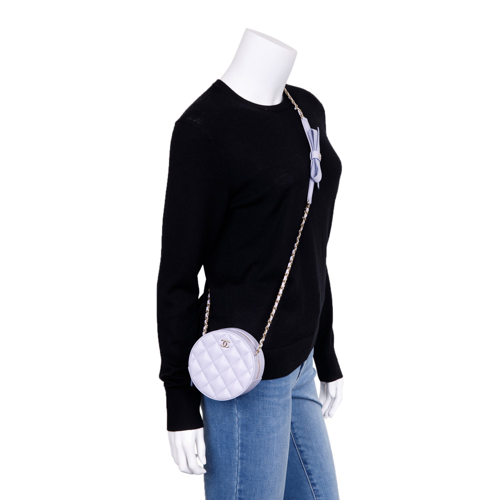 Chanel 2021 Purple Lambskin Bow Strap Round Chain Clutch w/ Box & Authenticity Card