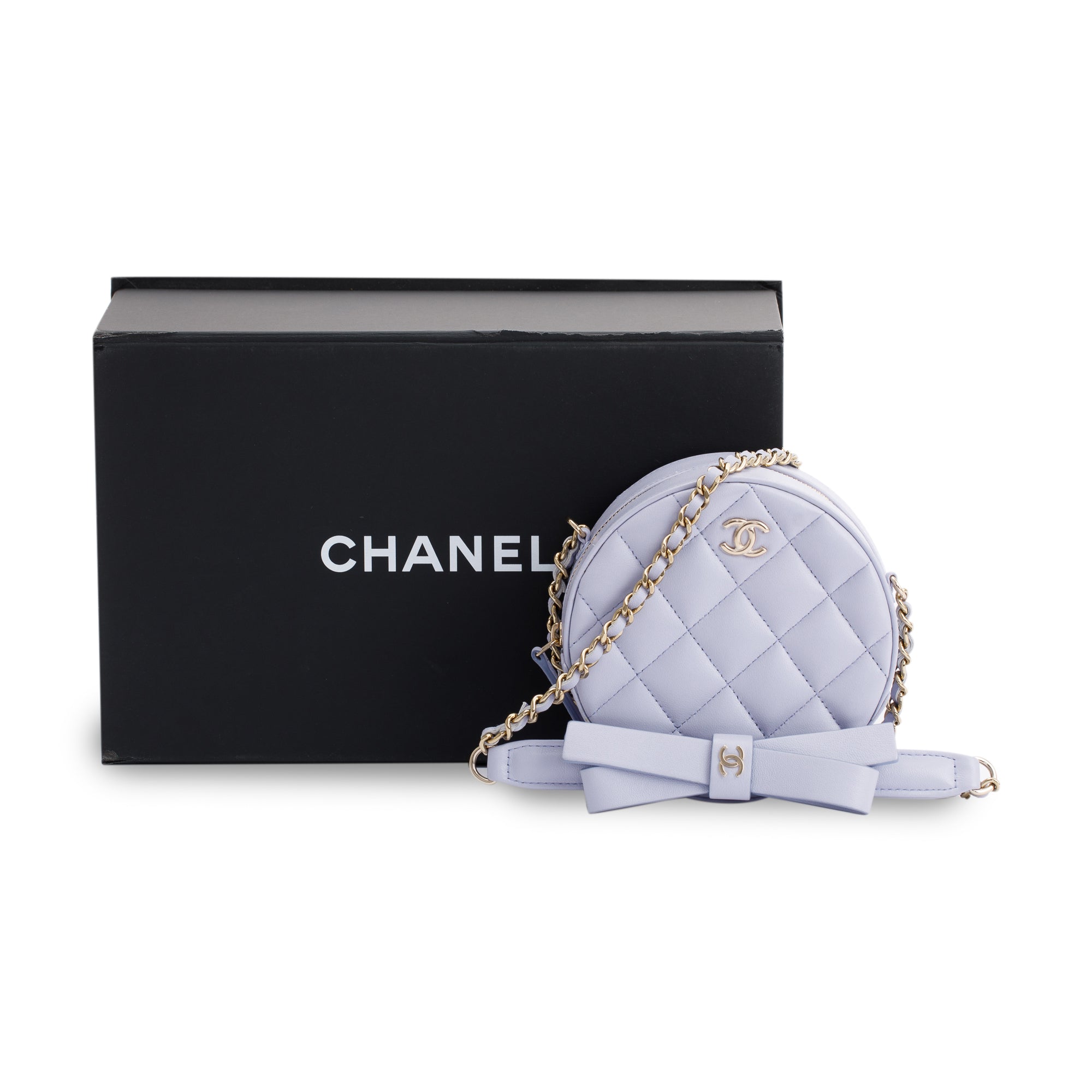 Chanel 2021 Purple Lambskin Bow Strap Round Chain Clutch w/ Box & Authenticity Card