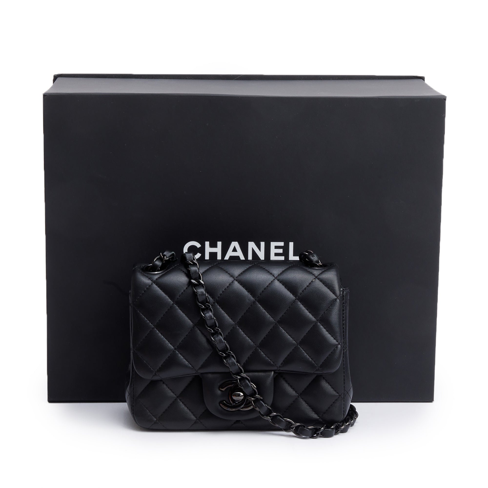 Chanel 2021 So Black Quilted Lambskin Leather Classic Square Mini Flap Bag w/ Box & Receipt