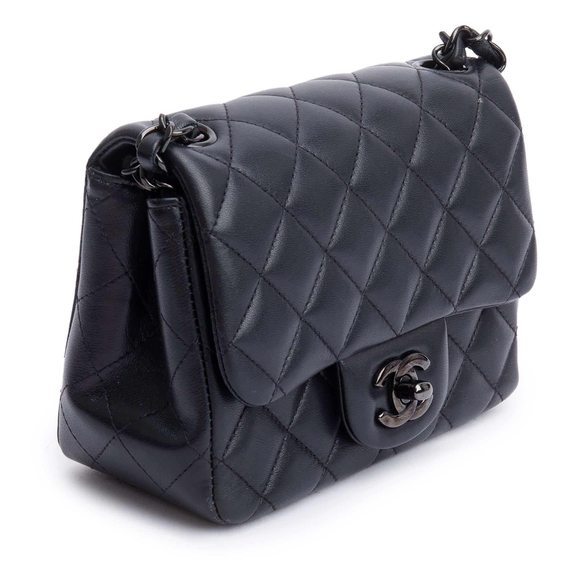 Chanel 2021 So Black Quilted Lambskin Leather Classic Square Mini Flap Bag w/ Box & Receipt