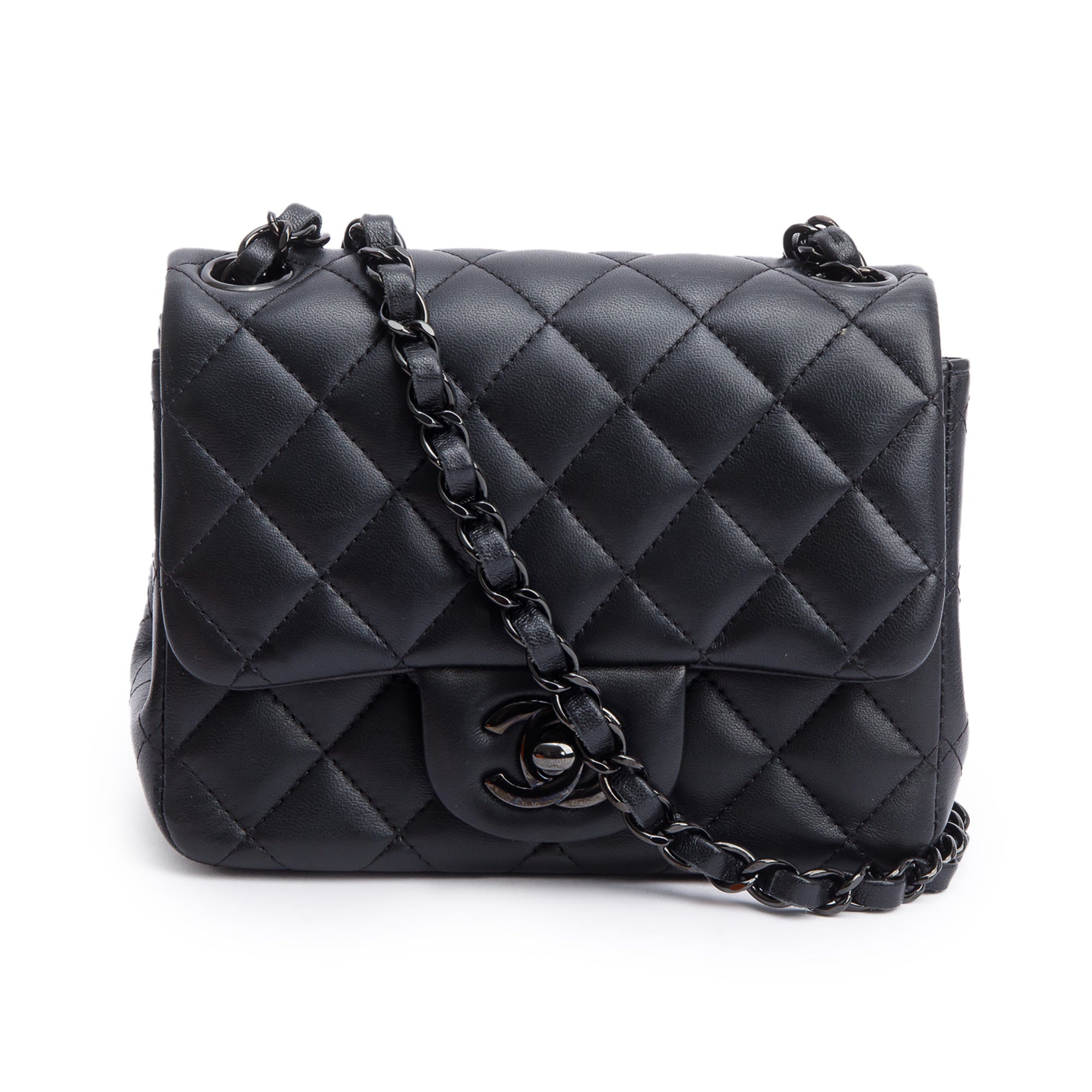 Chanel 2021 So Black Quilted Lambskin Leather Classic Square Mini Flap Bag w/ Box & Receipt