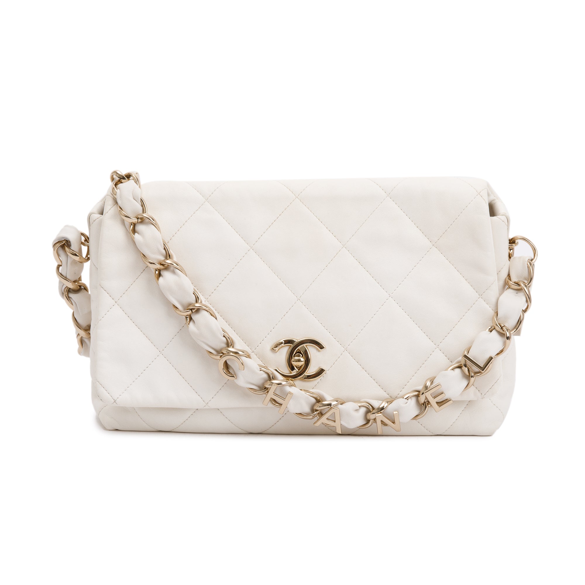 Chanel 2021 White Calfskin Leather Medium Logo Strap Flap Bag w/ Box, Authenticity Card & Receipt
