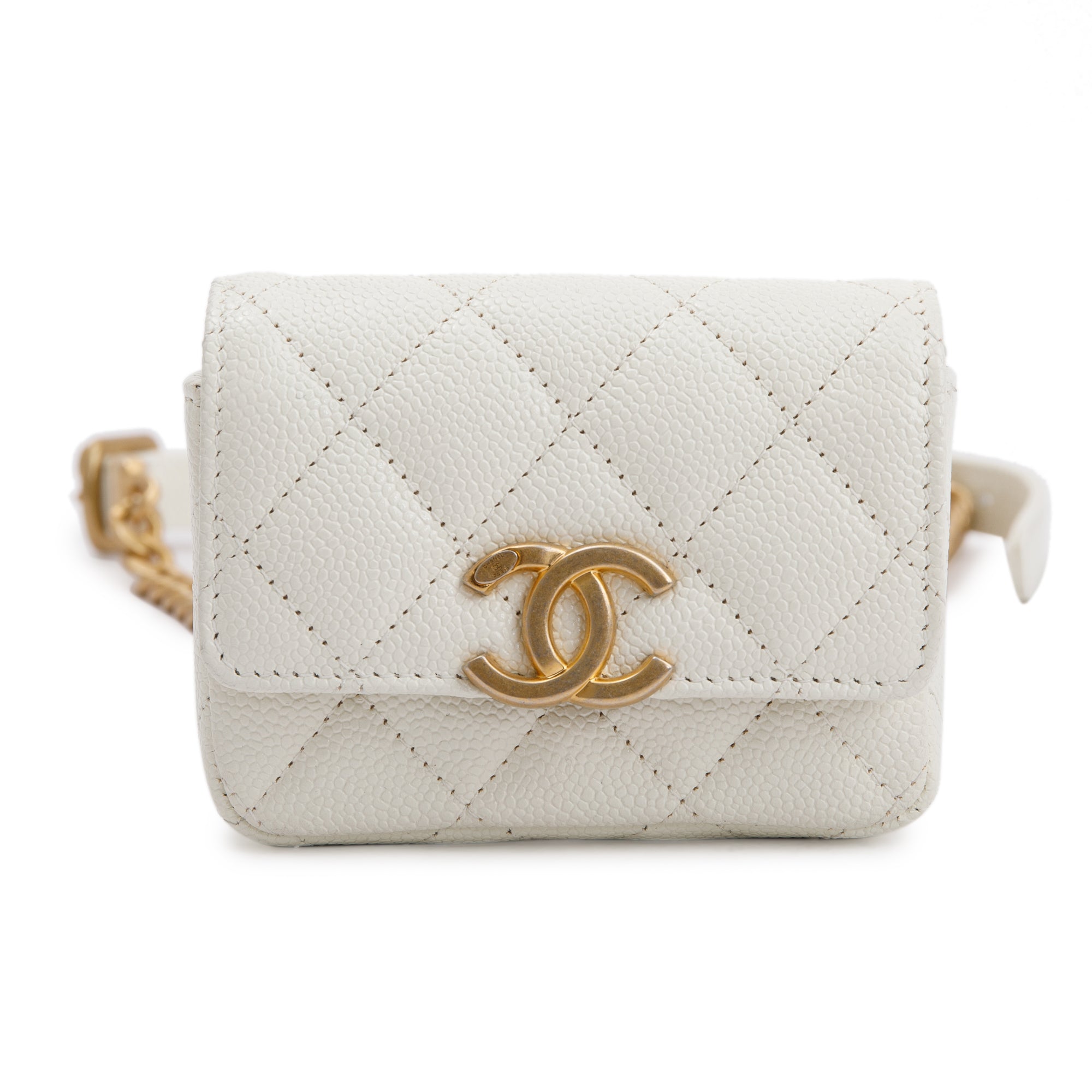 Chanel 2021 White Caviar Leather CC Flap Card Holder Belt Bag w/ Authenticity Card