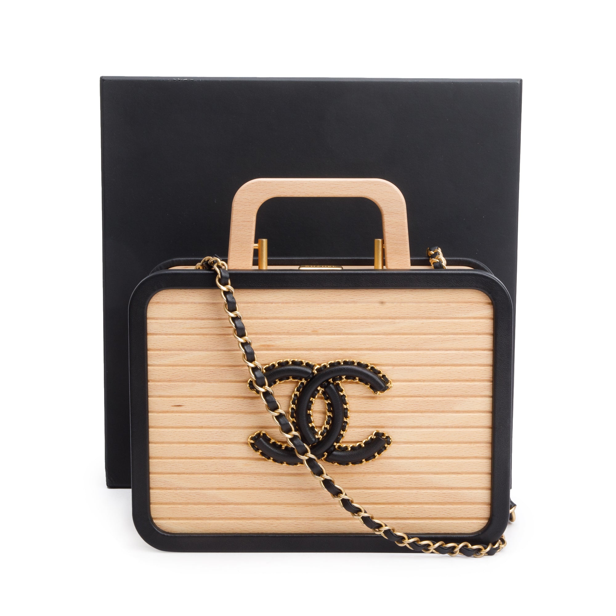 Chanel 2022 Beige Beech Wood Black Lambskin Leather Medium CC Vanity Case w/ Box