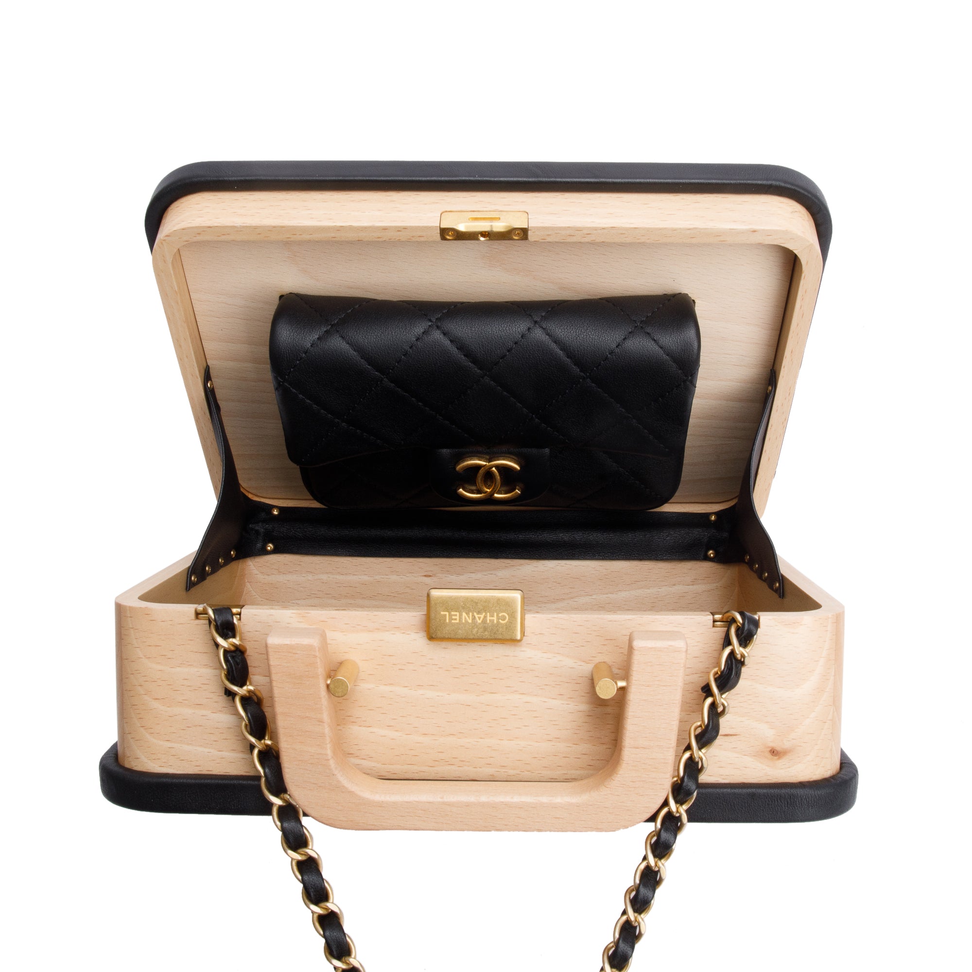 Chanel 2022 Beige Beech Wood Black Lambskin Leather Medium CC Vanity Case w/ Box