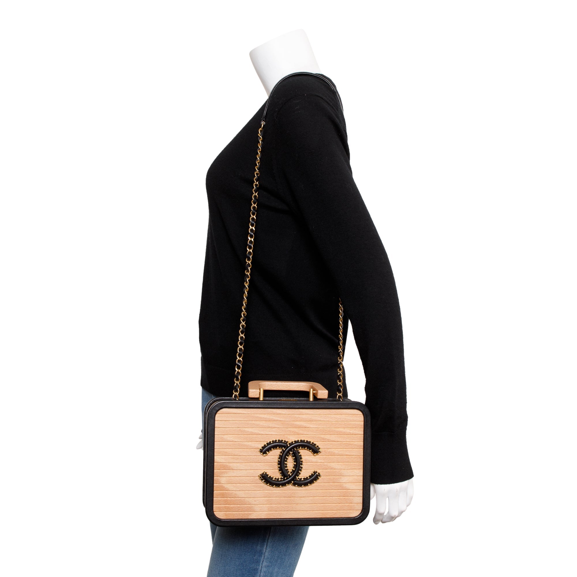 Chanel 2022 Beige Beech Wood Black Lambskin Leather Medium CC Vanity Case w/ Box & Receipt