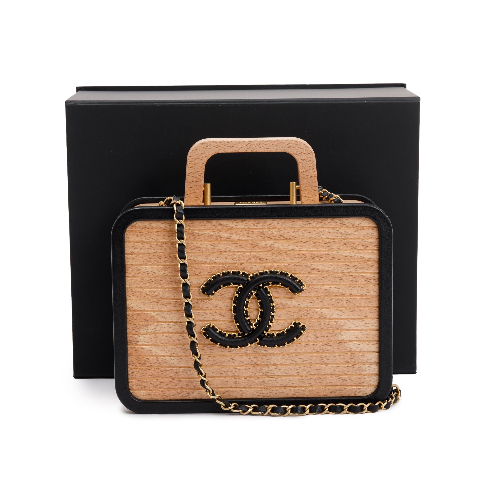 Chanel 2022 Beige Beech Wood Black Lambskin Leather Medium CC Vanity Case w/ Box & Receipt
