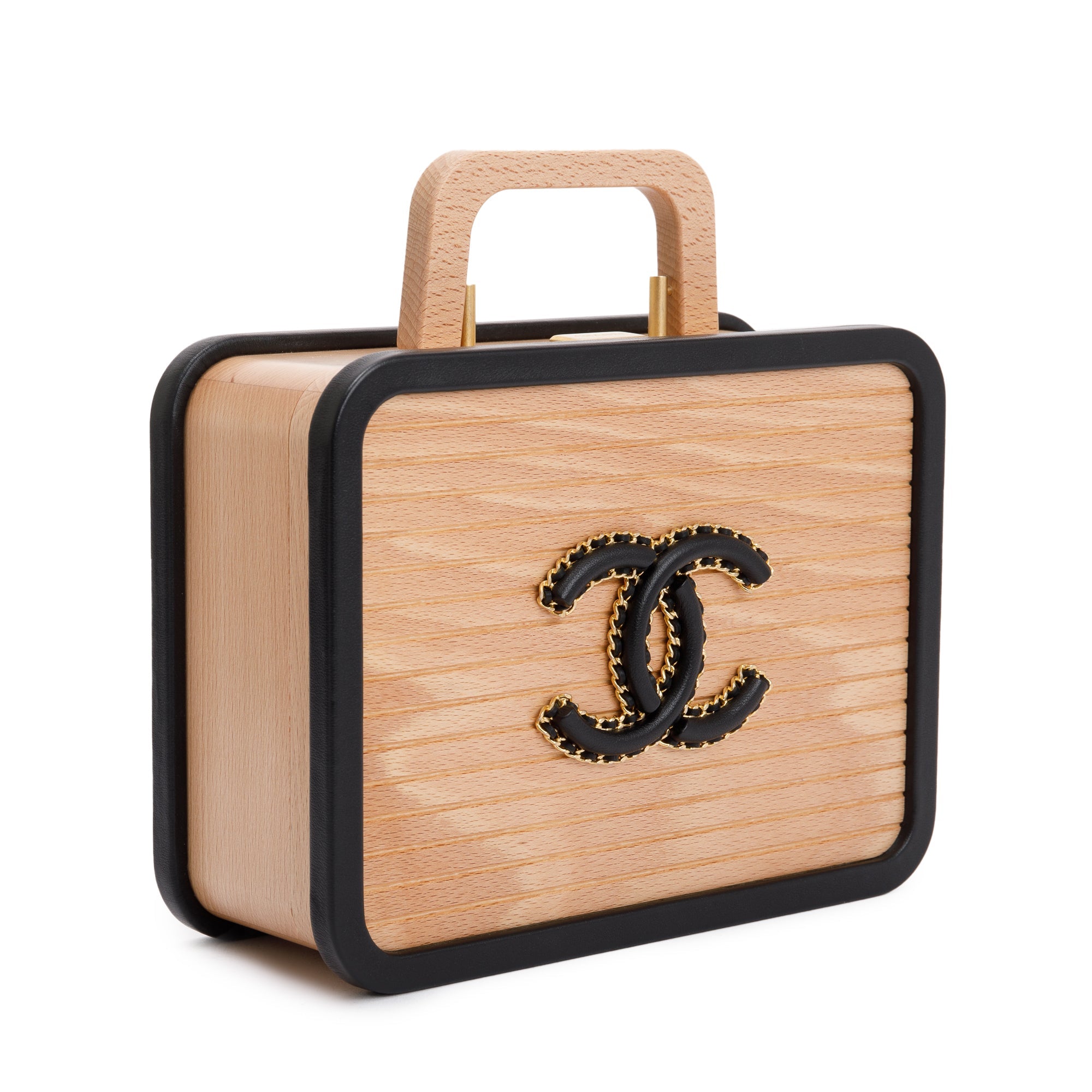 Chanel 2022 Beige Beech Wood Black Lambskin Leather Medium CC Vanity Case w/ Box & Receipt