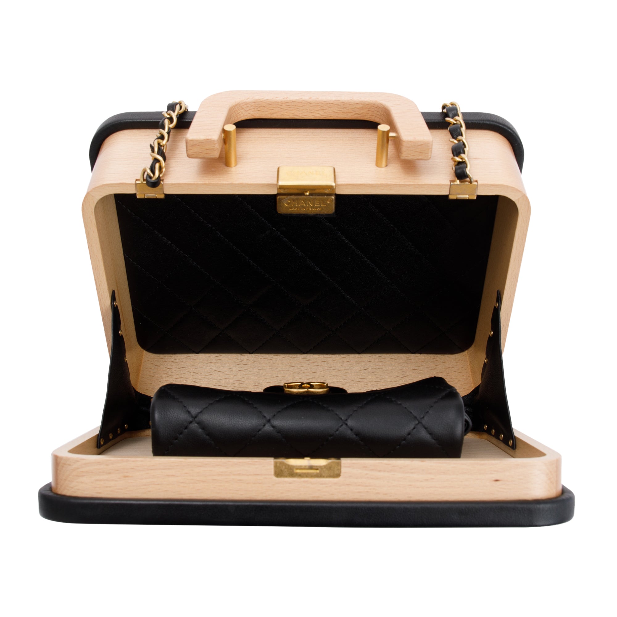 Chanel 2022 Beige Beech Wood Black Lambskin Leather Medium CC Vanity Case w/ Box & Receipt