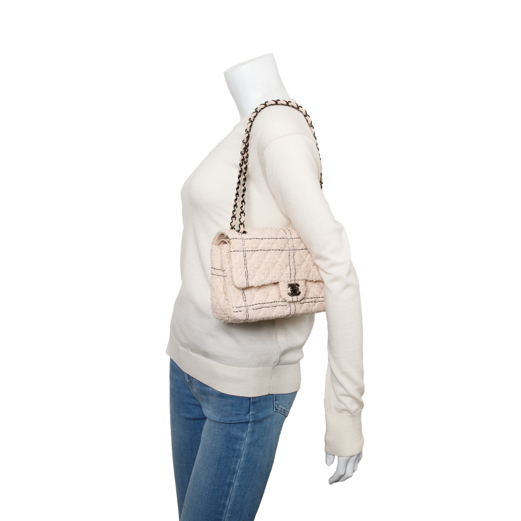 Chanel 2022 Beige Wool Tweed Classic Medium Double Flap Bag