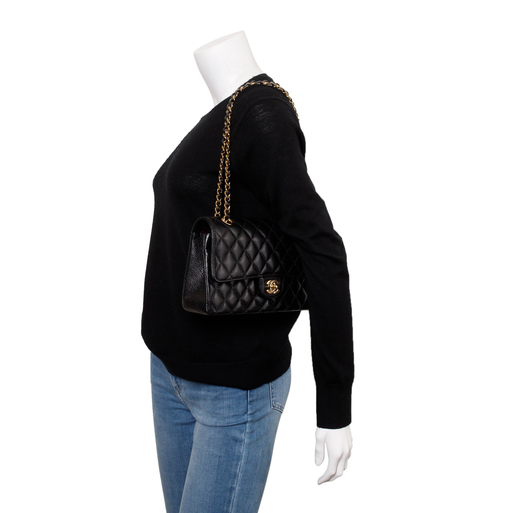 Chanel 2022 Black Caviar Leather Medium Classic Double Classic Flap Bag w/ Box & Receipt