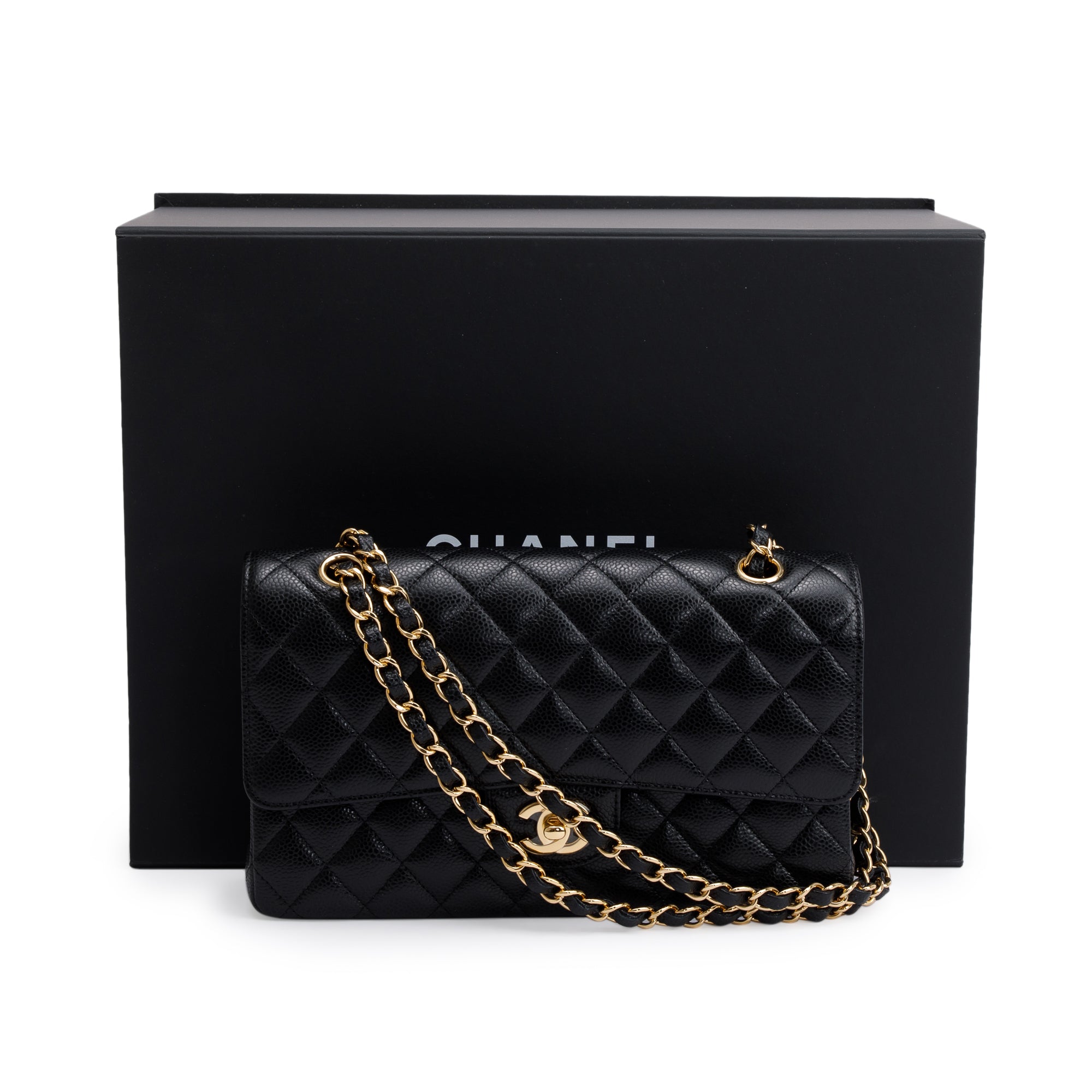 Chanel 2022 Black Caviar Leather Medium Classic Double Classic Flap Bag w/ Box & Receipt