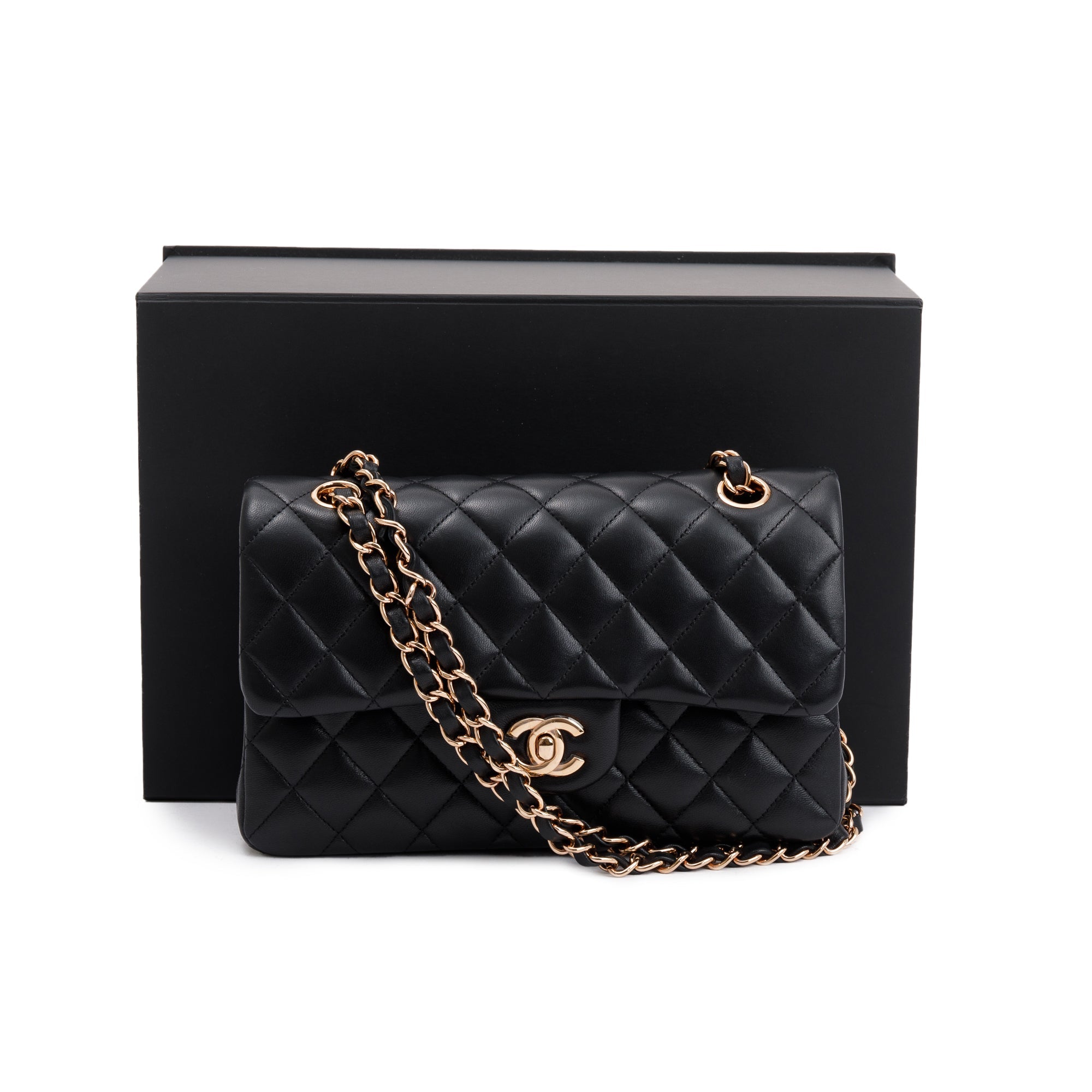 Chanel 2022 Black Lambskin Classic Small Double Flap Bag w/ Box