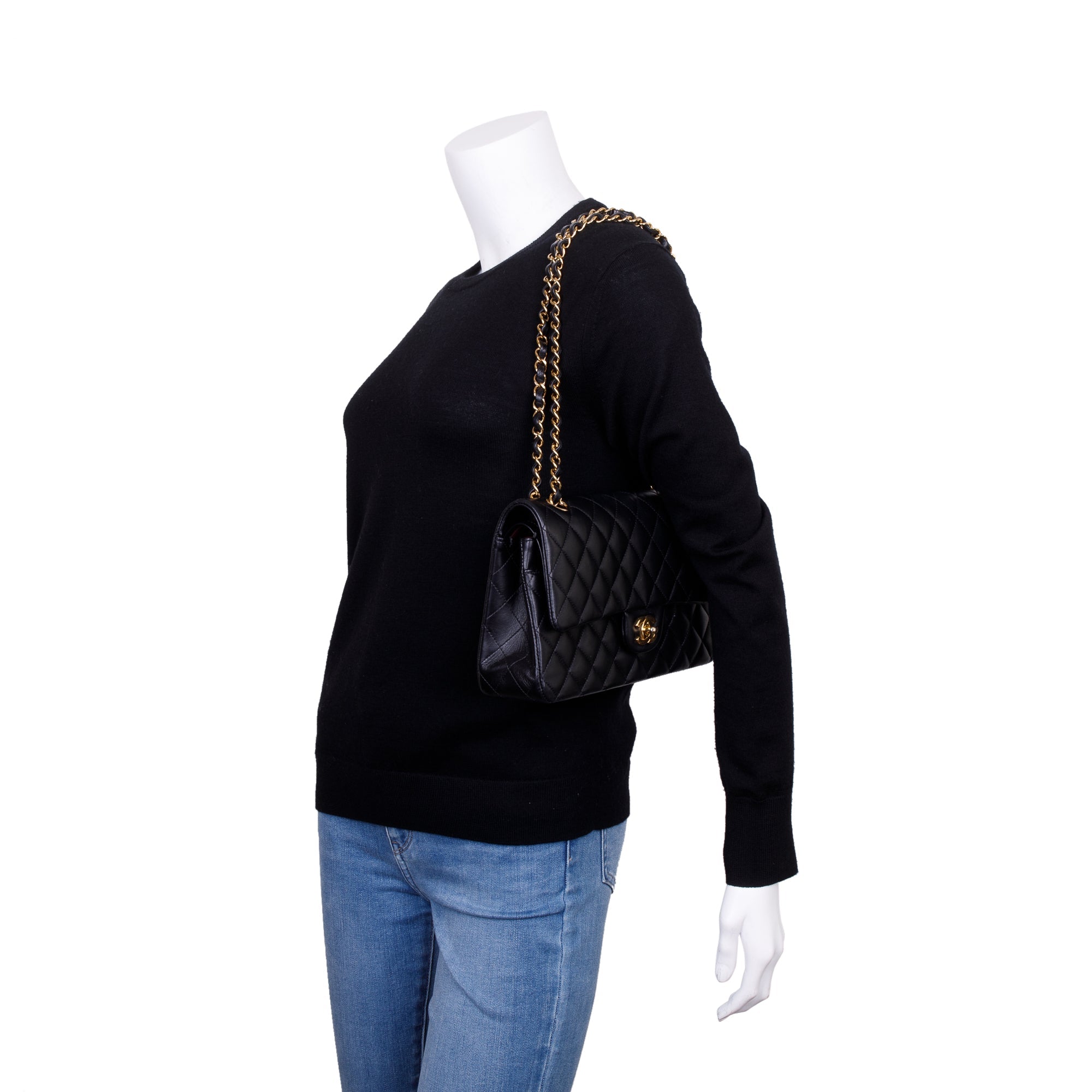 Chanel 2022 Black Lambskin Leather Classic Medium Double Flap Bag w/ Box