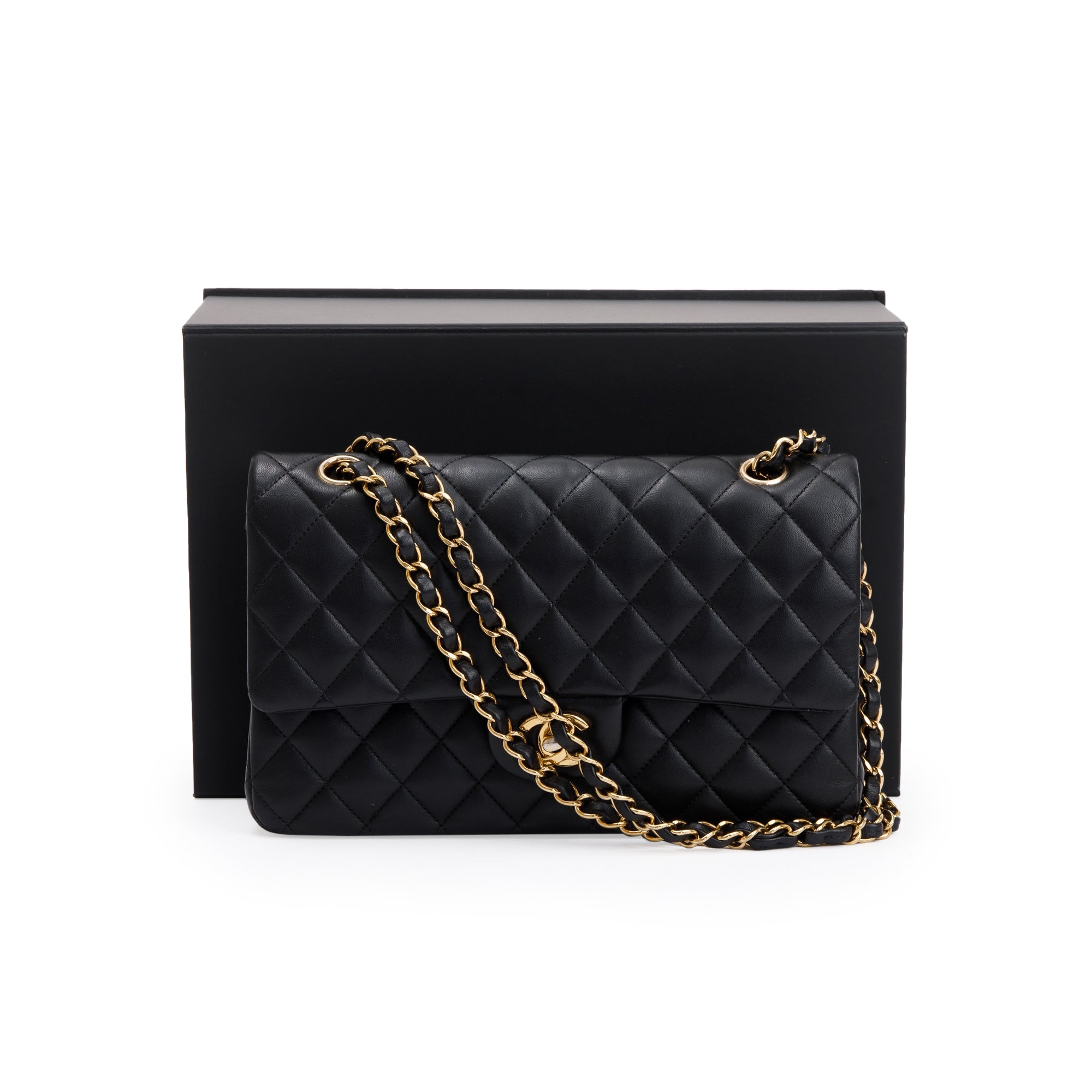 Chanel 2022 Black Lambskin Leather Classic Medium Double Flap Bag w/ Box