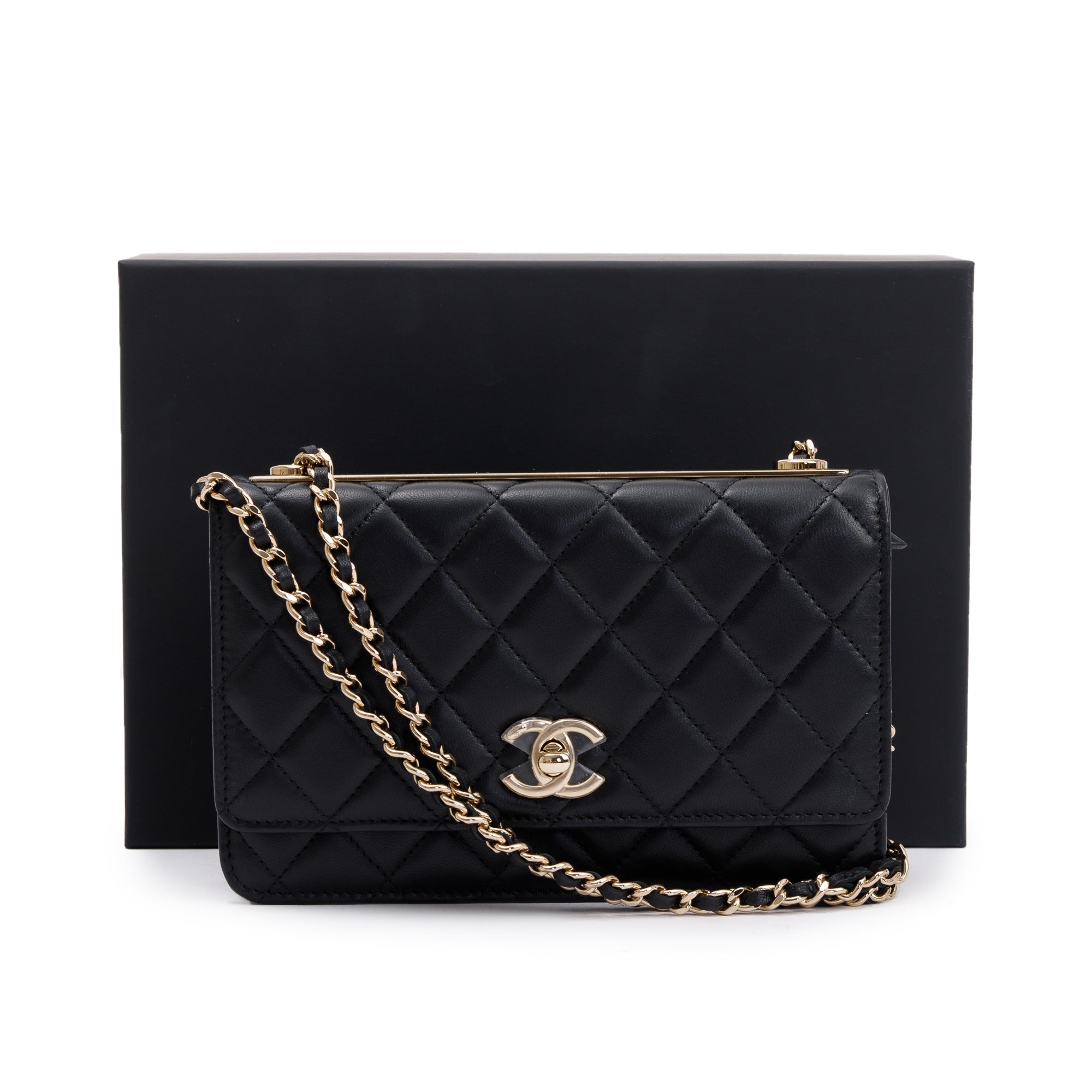 Chanel 2022 Black Lambskin Leather Trendy Wallet on Chain w/ Box