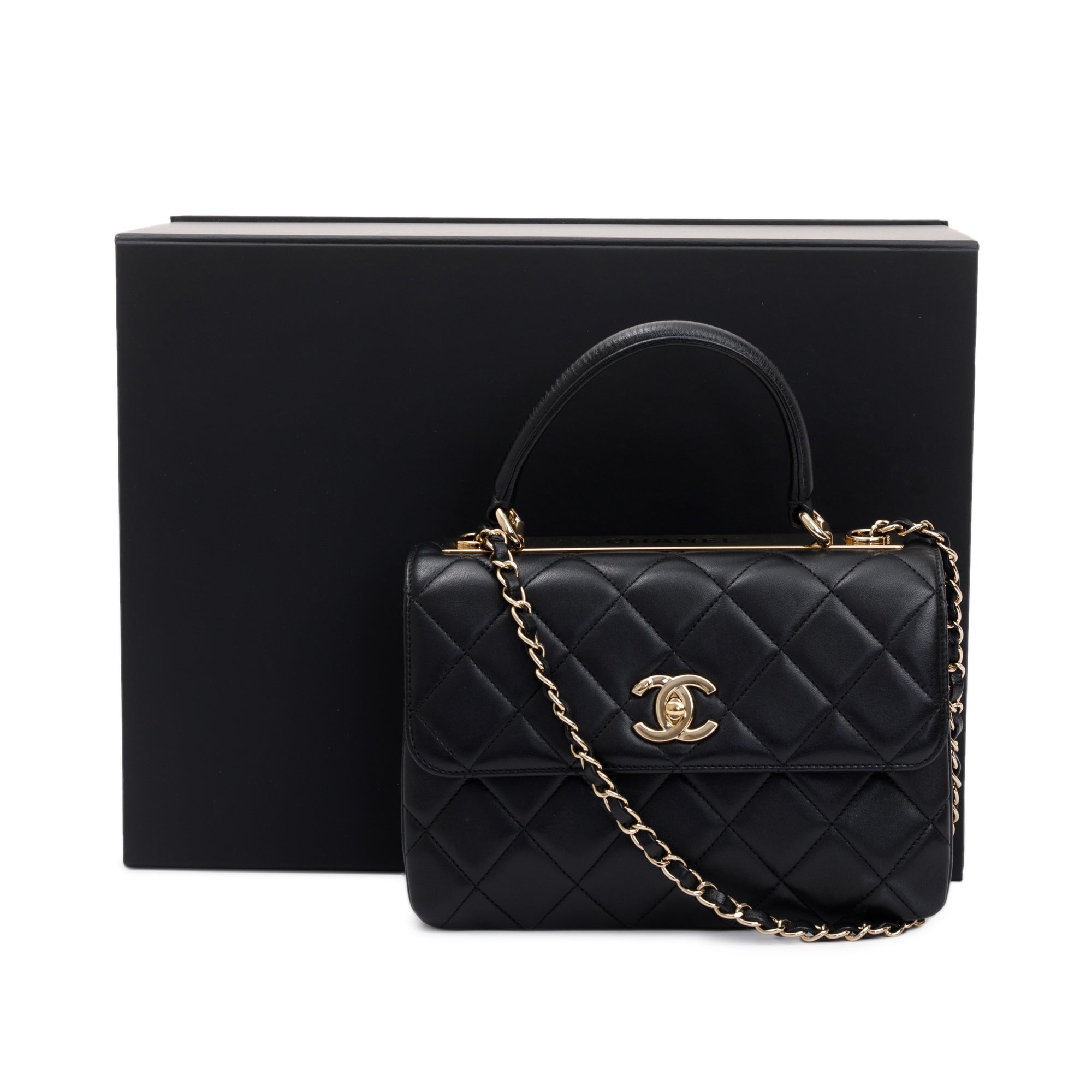 Chanel 2022 Black Lambskin Trendy CC Small Top Handle Flap Bag w/ Box & Receipt
