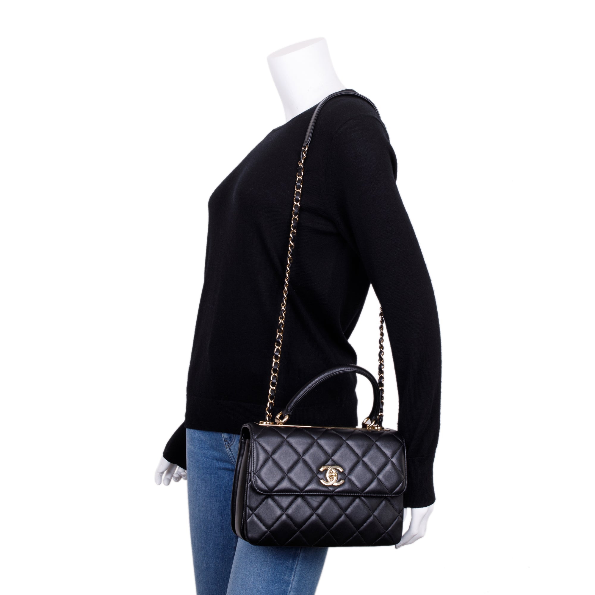 Chanel 2022 Black Lambskin Trendy CC Small Top Handle Flap Bag w/ Box & Receipt