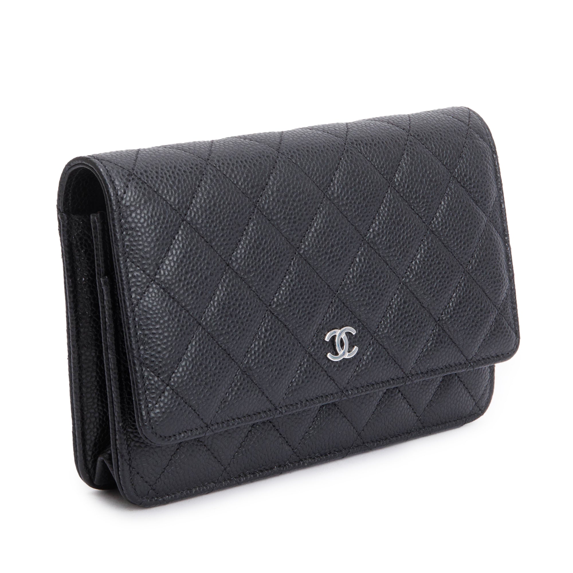Chanel 2022 Black Quilted Caviar Leather Classic Wallet on Chain